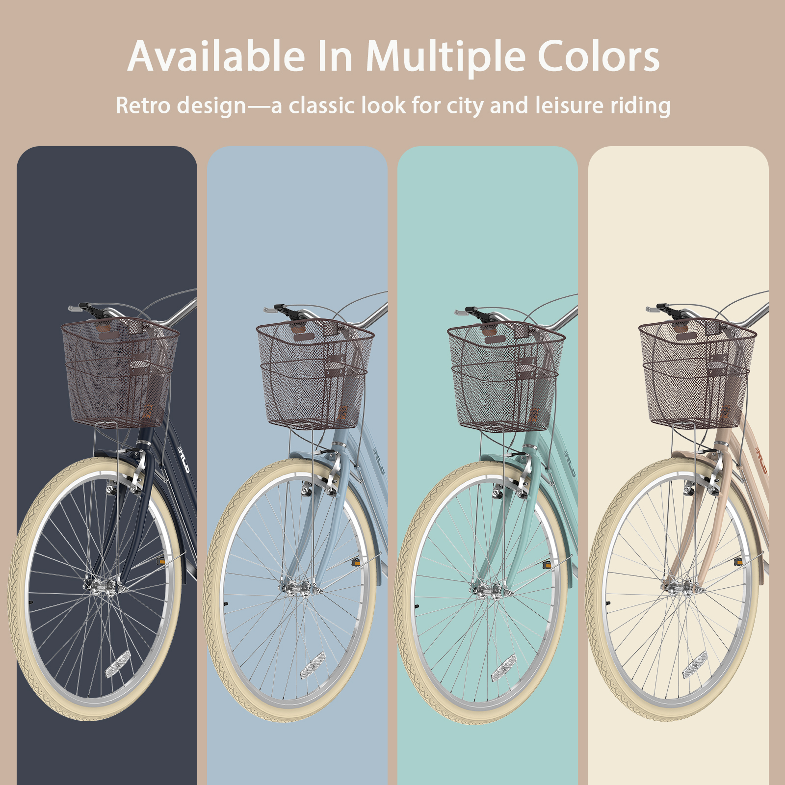 Vier retro Fahrräder mit Frontkorb in verschiedenen Farben auf beige Hintergrund.