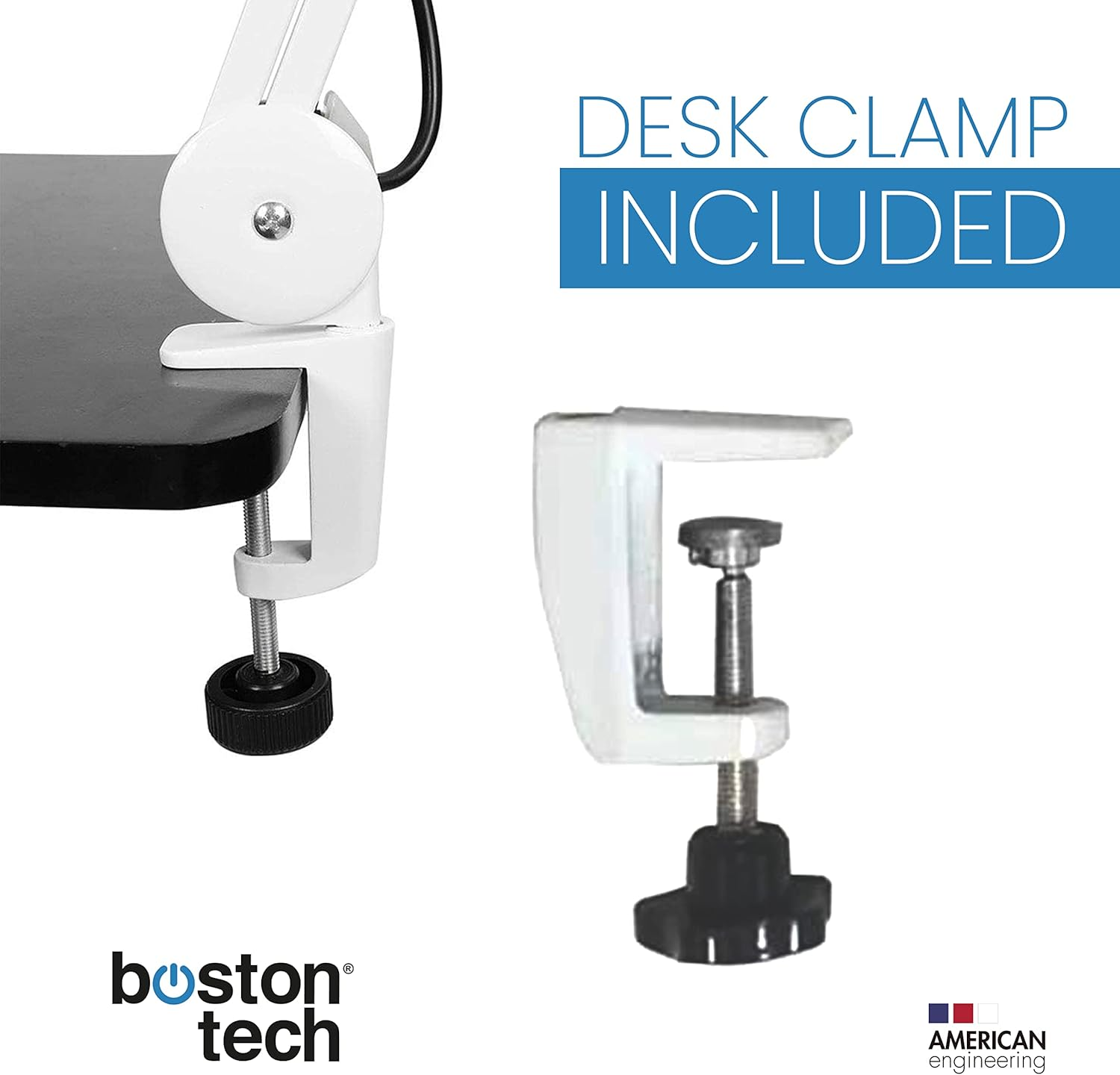 Una abrazadera de escritorio blanca con perilla está sujeta a un borde. El texto dice: Desk Clamp Included.