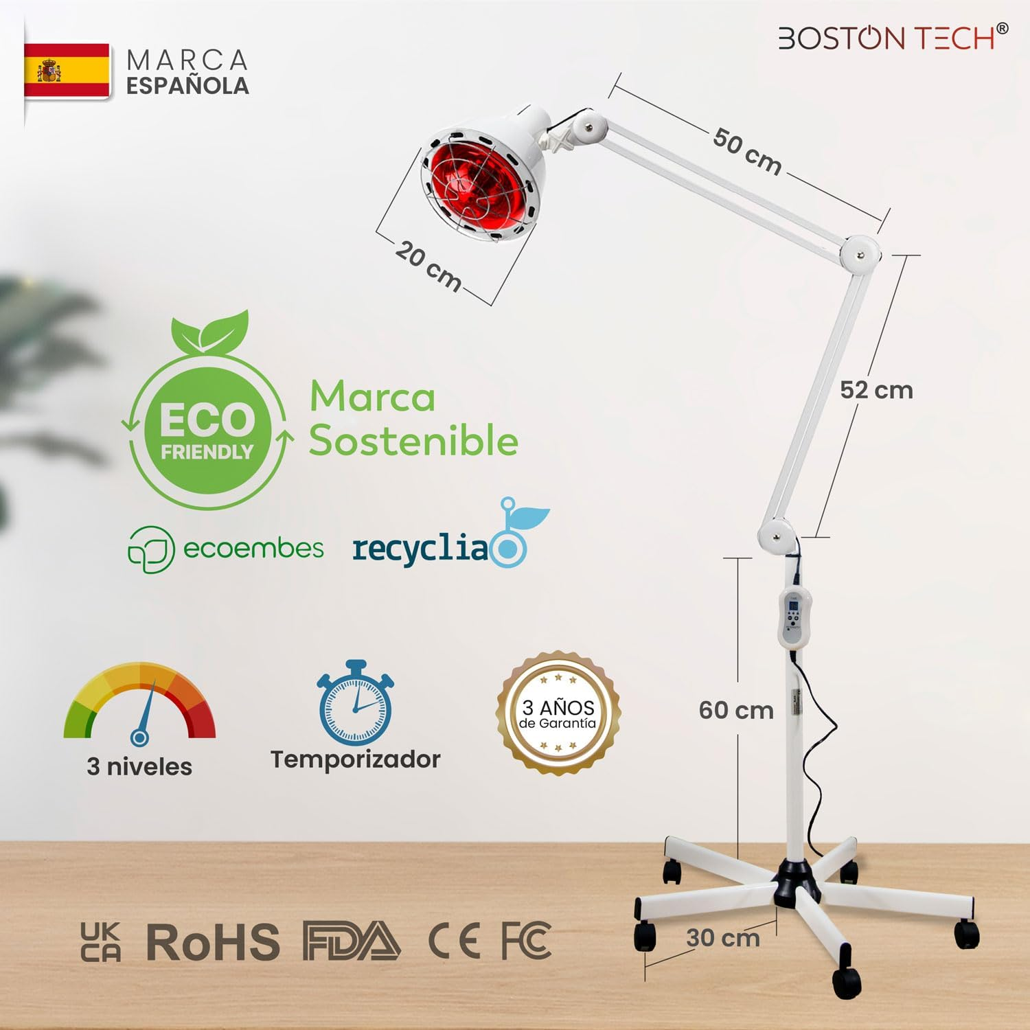 Lámpara de calor infrarrojo blanca con soporte ajustable, ruedas, bombilla roja e indicaciones de tamaño.