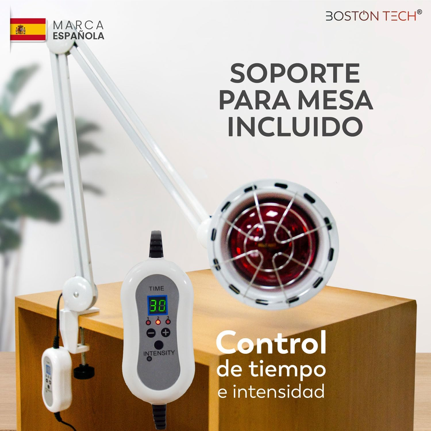 Lámpara de calor infrarrojo blanca con brazo ajustable y control digital sobre mesa de madera.
