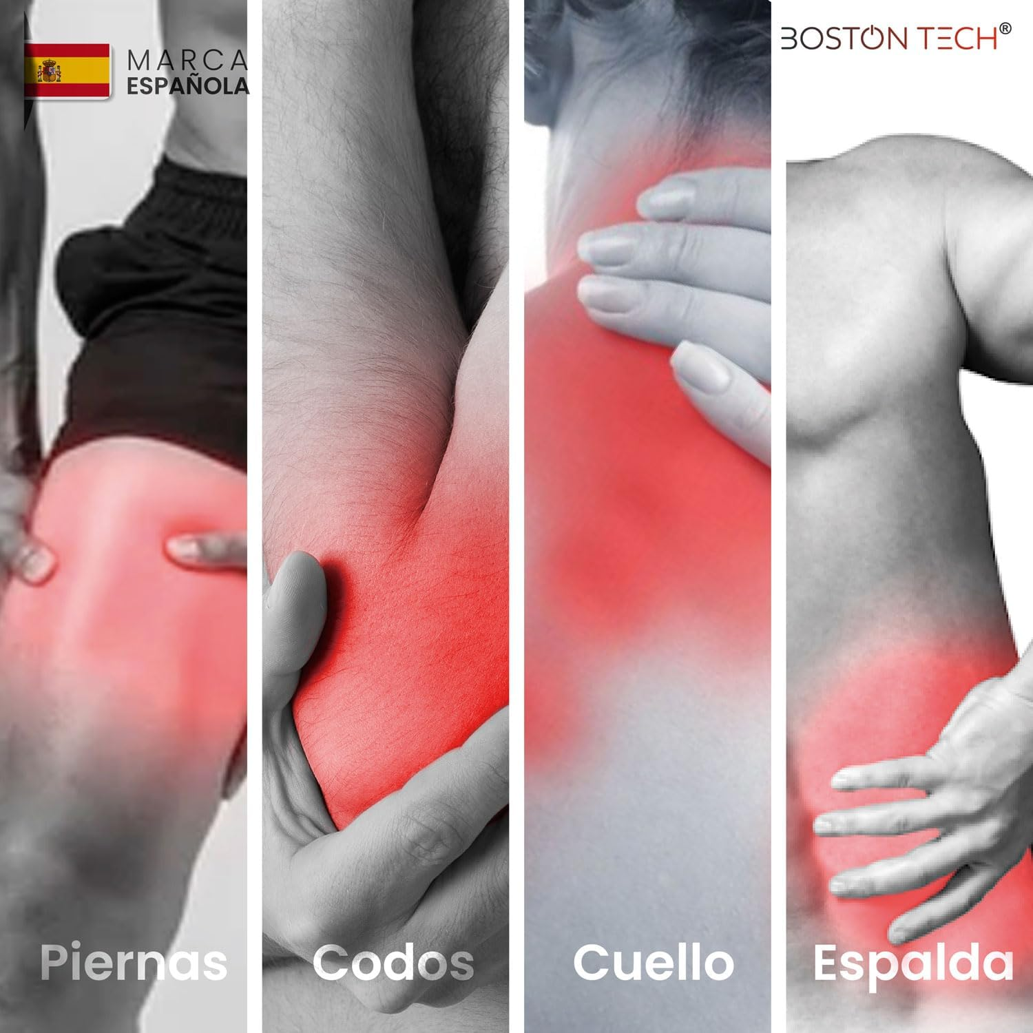 Cuatro imágenes divididas en escala de grises muestran áreas dolorosas resaltadas en rojo: piernas, codos, cuello y espalda.
