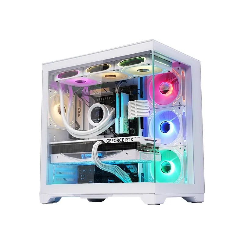 Cam ön panelli, aydınlatmalı RGB fanlı ve görünür bileşenli beyaz bilgisayar kasası.
