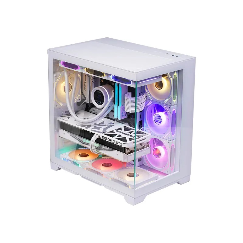 Cam yan panelli, renkli RGB fanlı, beyaz ekran kartlı ve sıvı soğutmalı beyaz PC kasası.