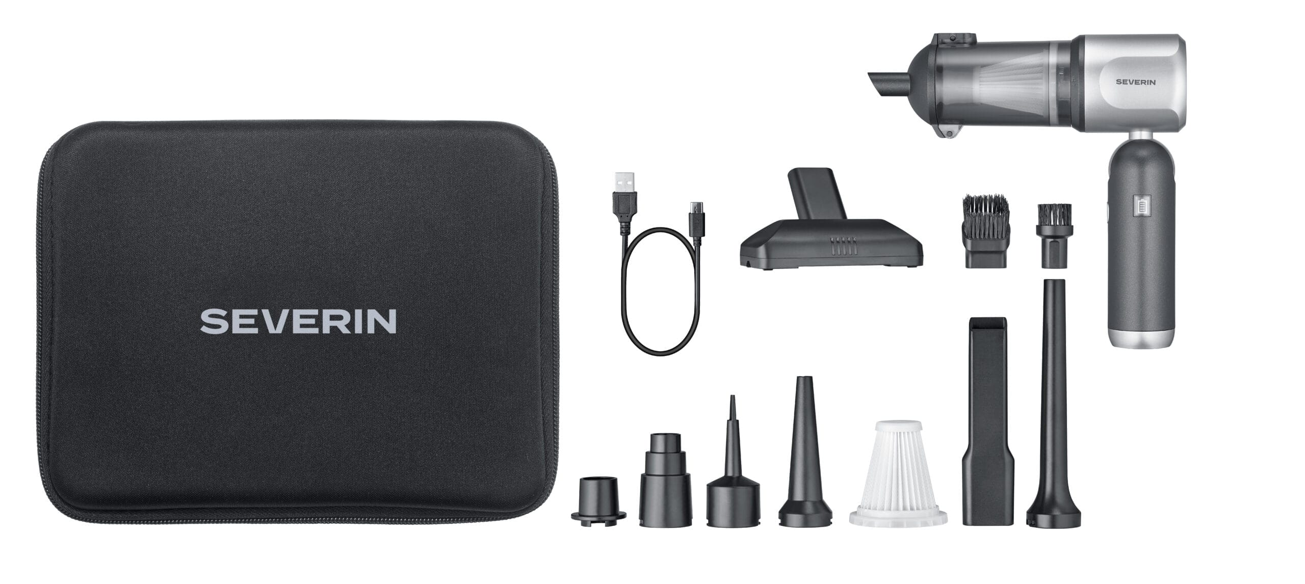Un aspirateur à main Severin avec étui de rangement noir, divers accessoires, filtres et câble de charge.