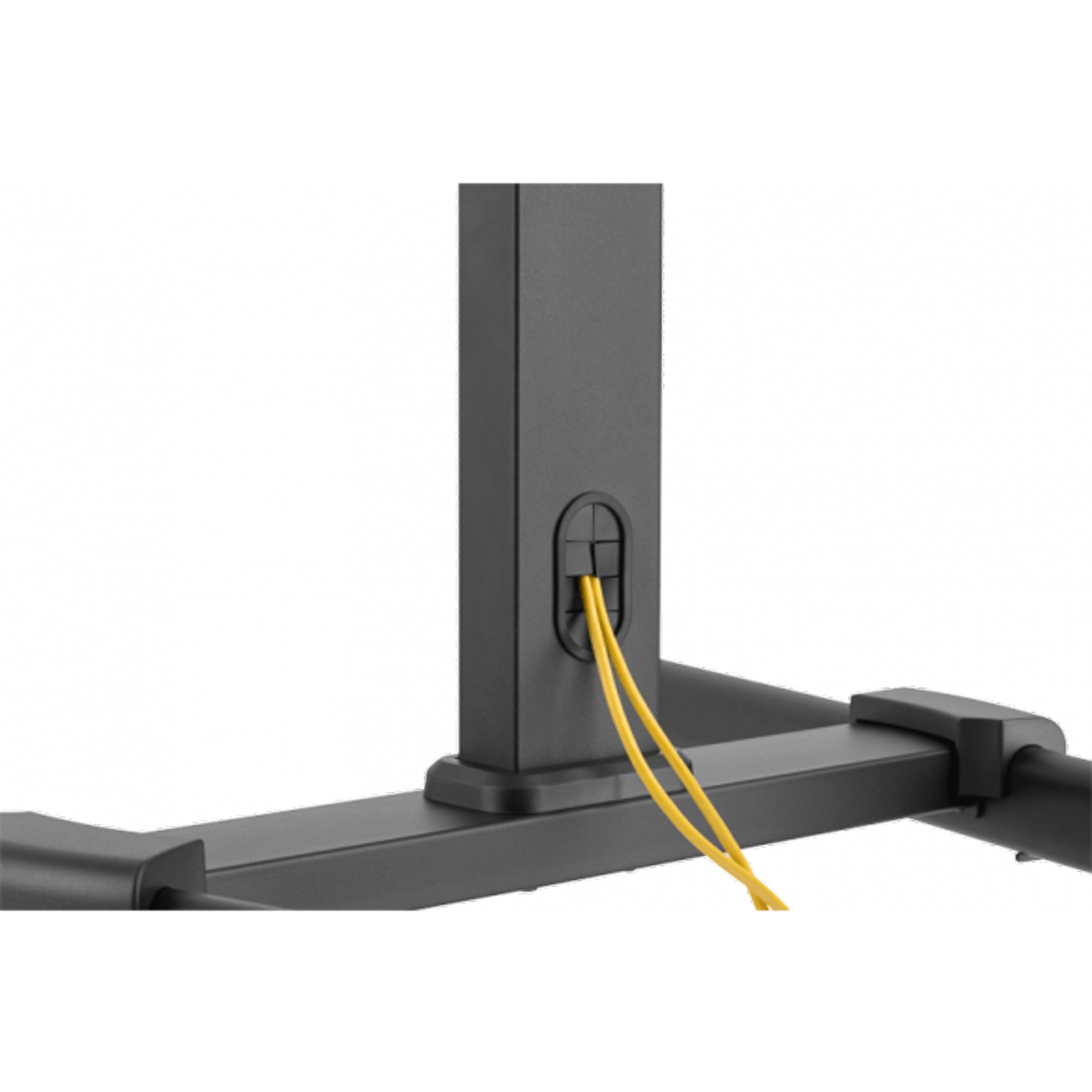 Un soporte de metal gris con dos cables amarillos que salen de una abertura ovalada.