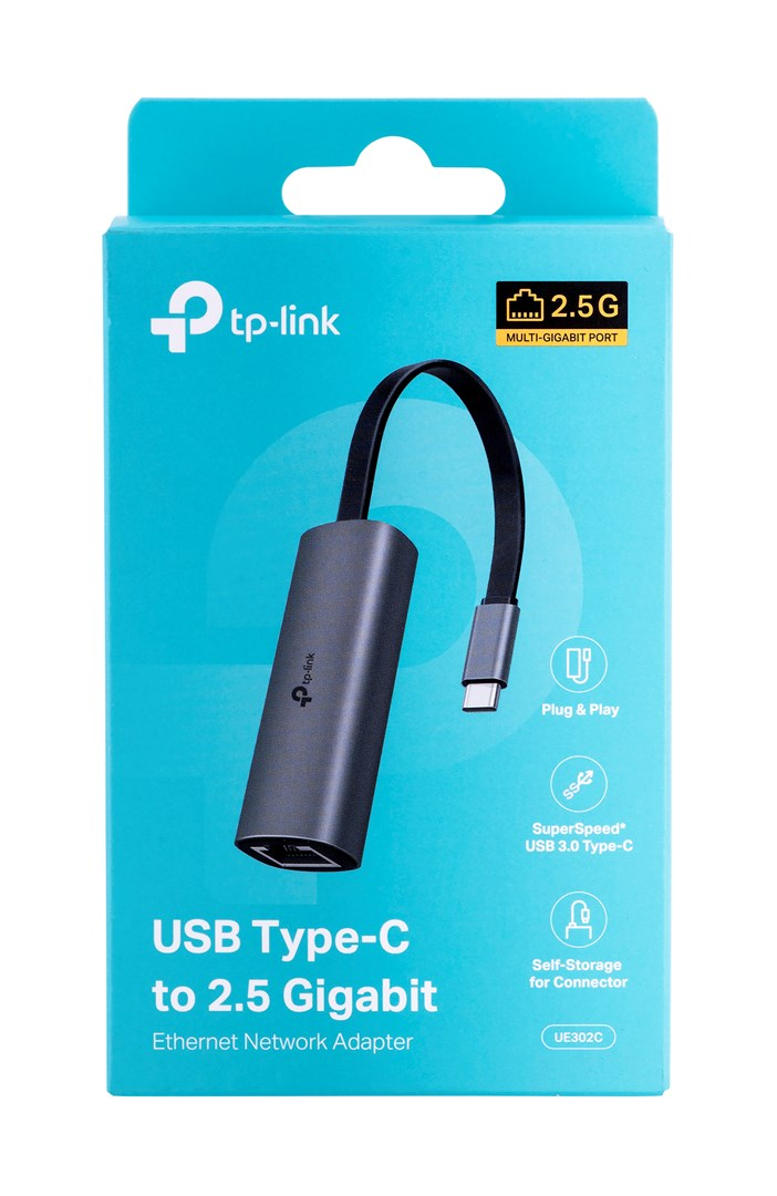 Türkisfarbene TP-Link Verpackung eines USB-C zu 2.5 Gigabit Ethernet Adapters mit grauem Gerät.