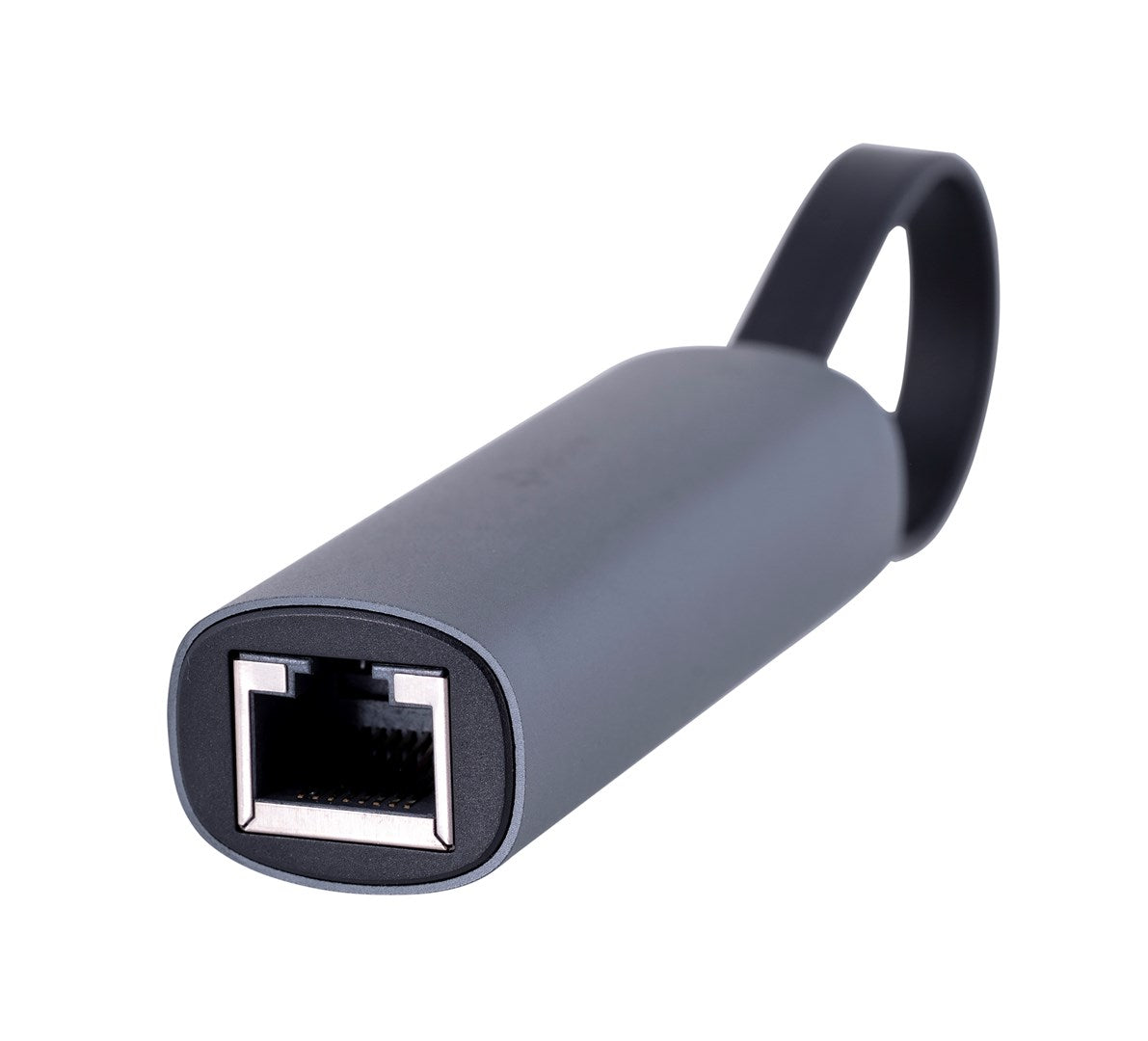 Ein grauer Ethernet-Adapter mit einem schwarzen Halteseil auf weißem Hintergrund.