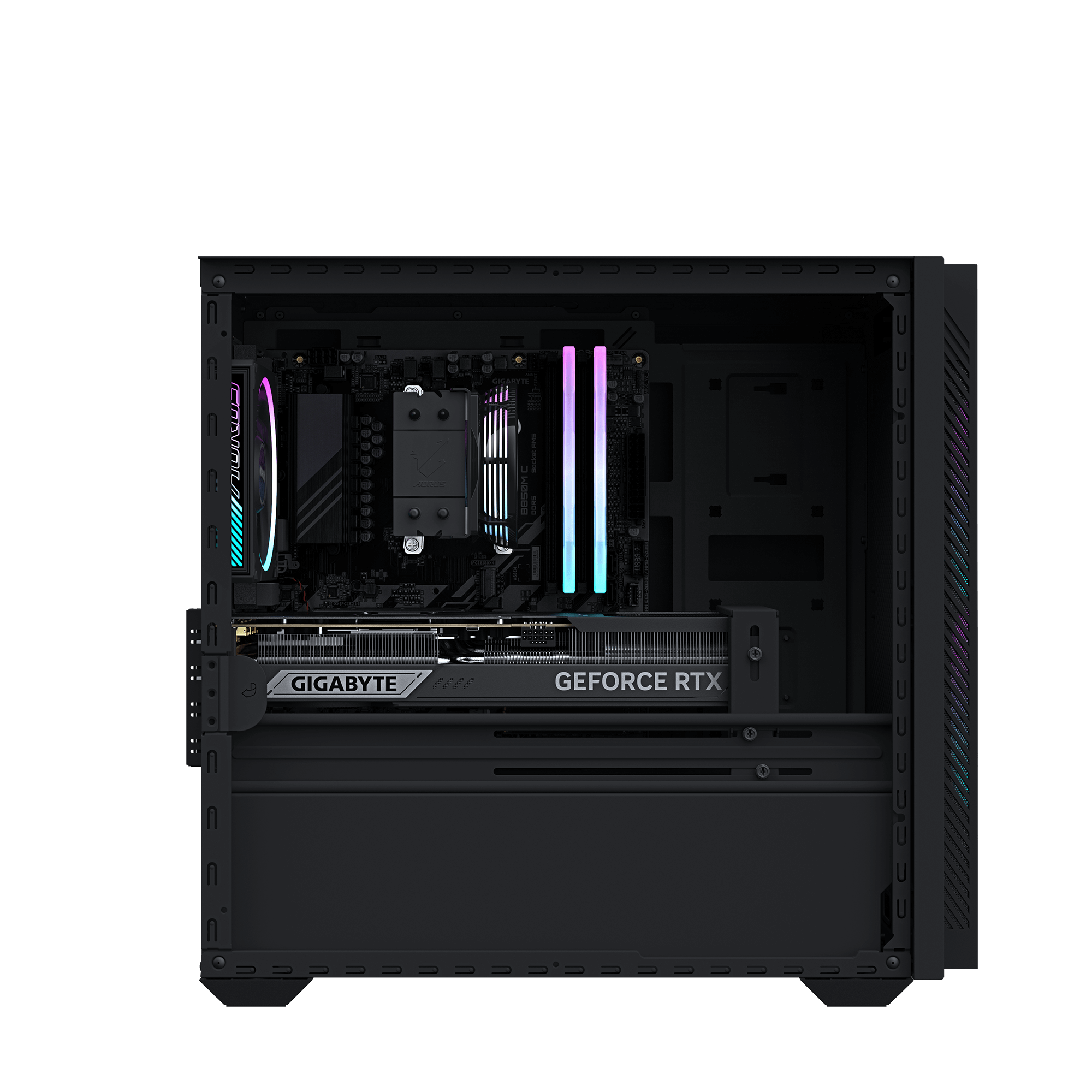 Işıklı RAM çubukları, işlemci soğutucusu ve Gigabyte GeForce RTX ekran kartı içeren siyah PC kasası.