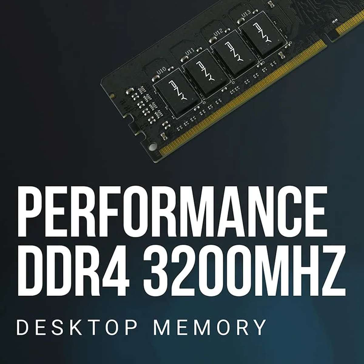 Memoria desktop PNY DDR4 3200MHz su sfondo scuro con testo bianco.