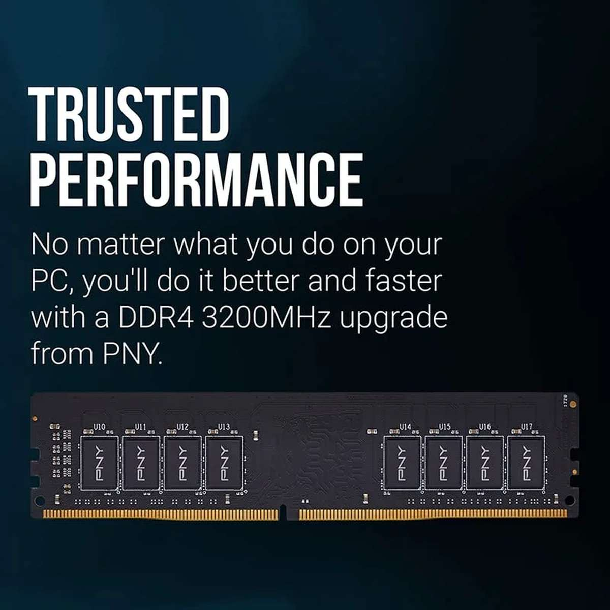 Immagine promozionale per RAM PNY DDR4 3200MHz con testo e banco di memoria nero su sfondo blu.