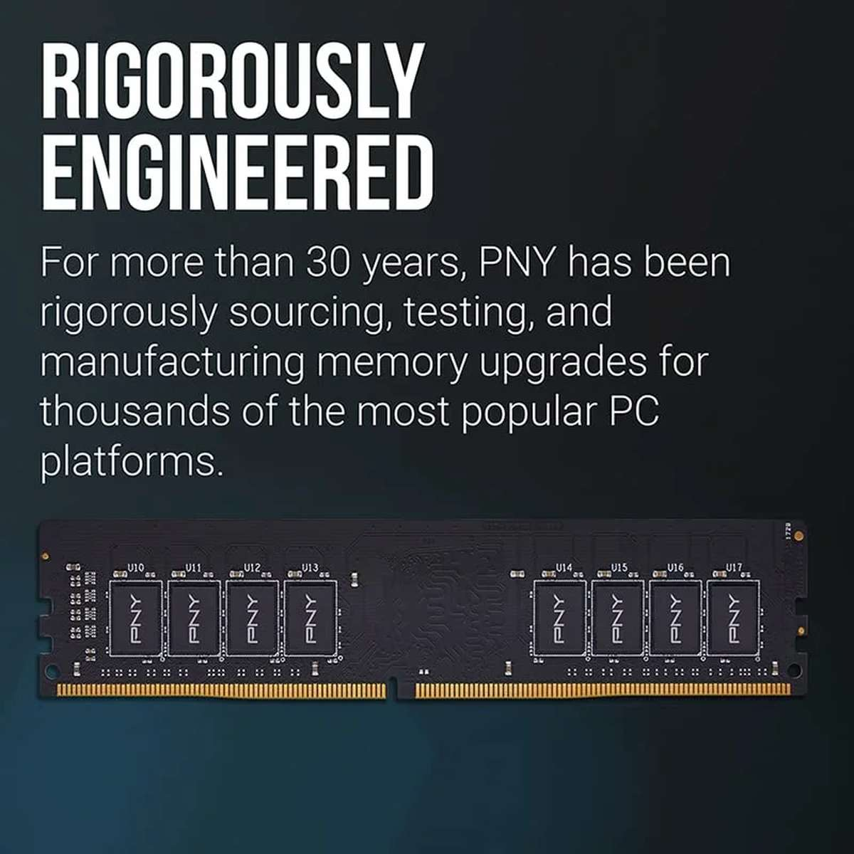 Testo Rigorously Engineered sopra una scheda di memoria PNY su sfondo scuro.