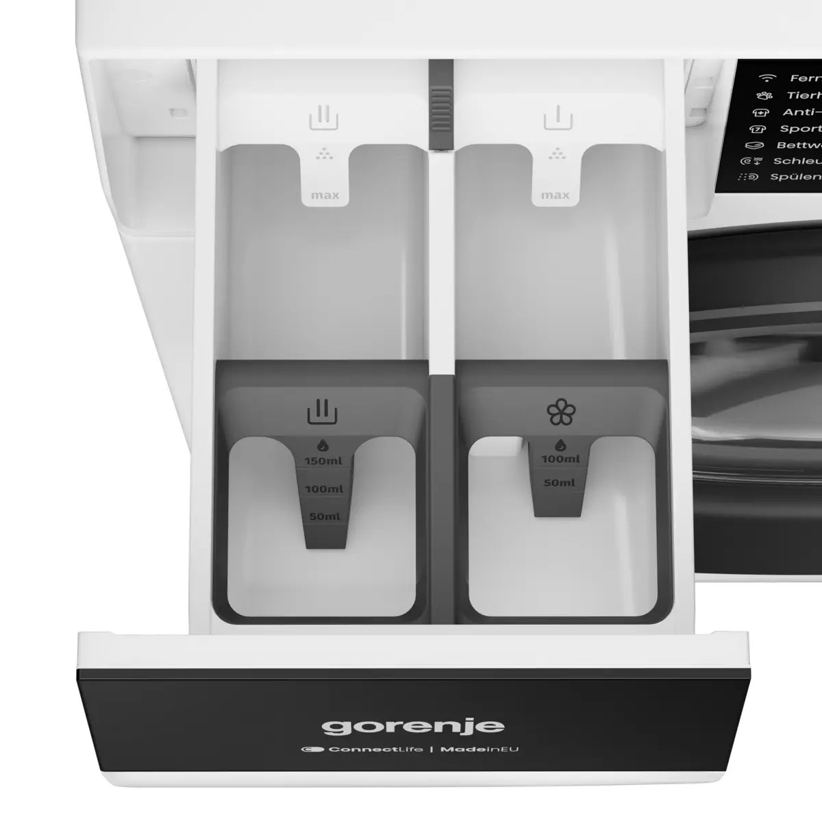 Offene Waschmittelschublade einer weißen Gorenje-Waschmaschine mit Messmarkierungen.