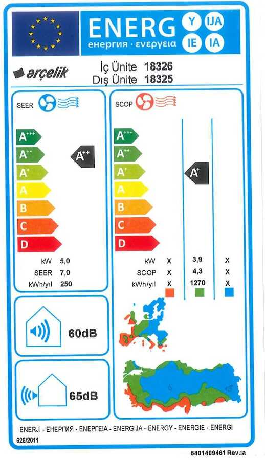 SEER ve SCOP değerlerini gösteren bir Arçelik klima enerji verimlilik etiketi.