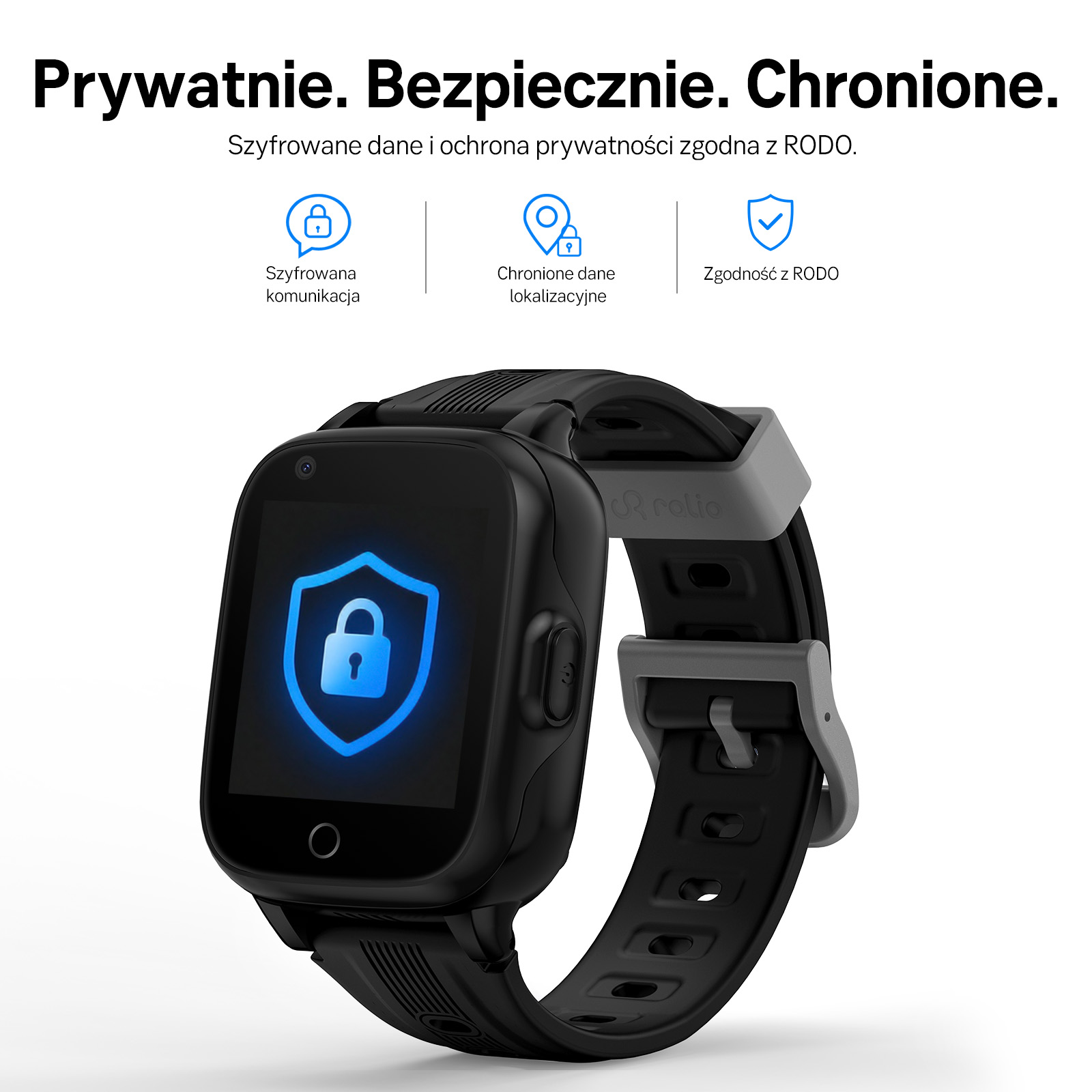 Czarny smartwatch z ikonami bezpieczeństwa i polskim tekstem.