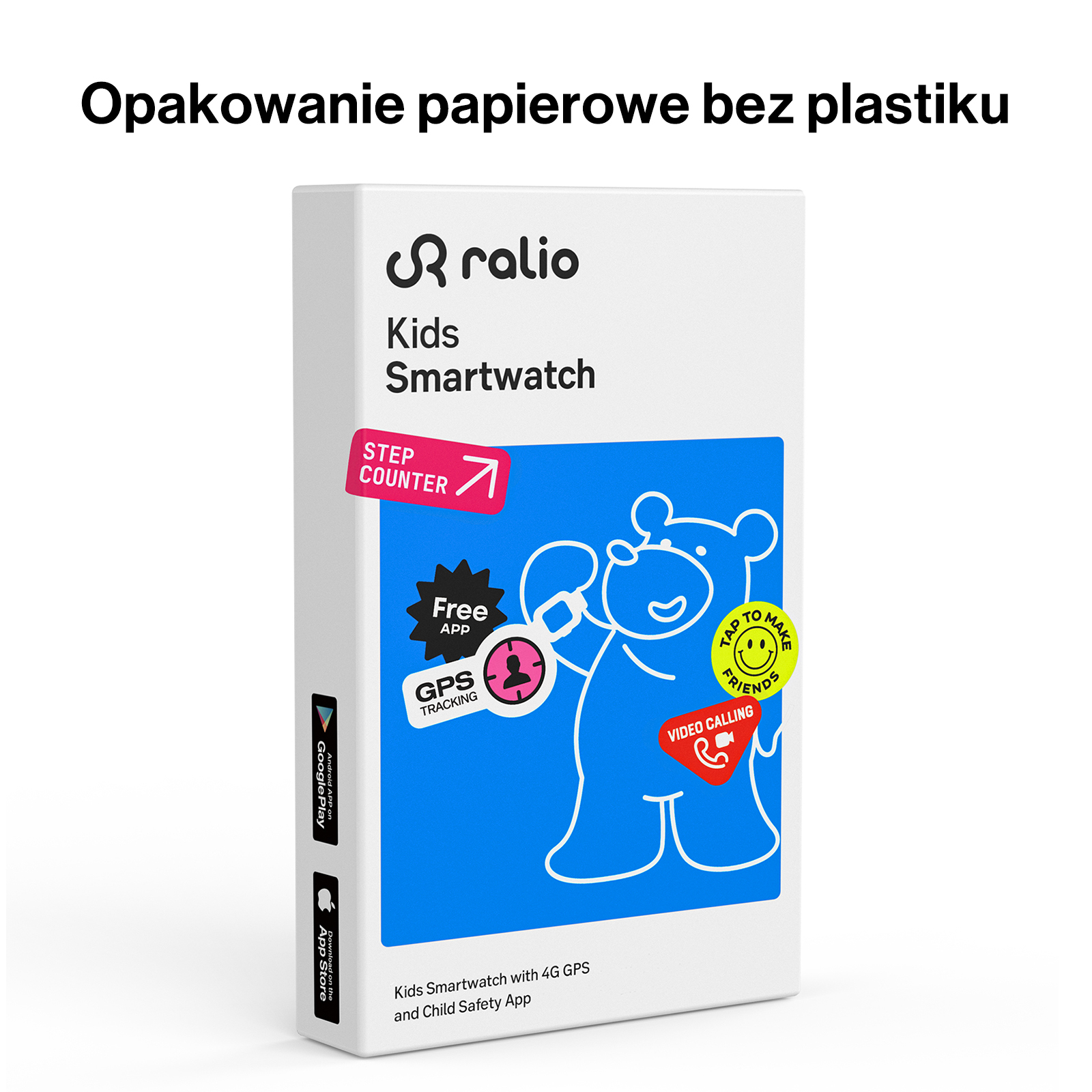 Białe pudełko smartwatcha dziecięcego Ralio z niebieskim niedźwiedziem i napisem o opakowaniu bez plastiku.