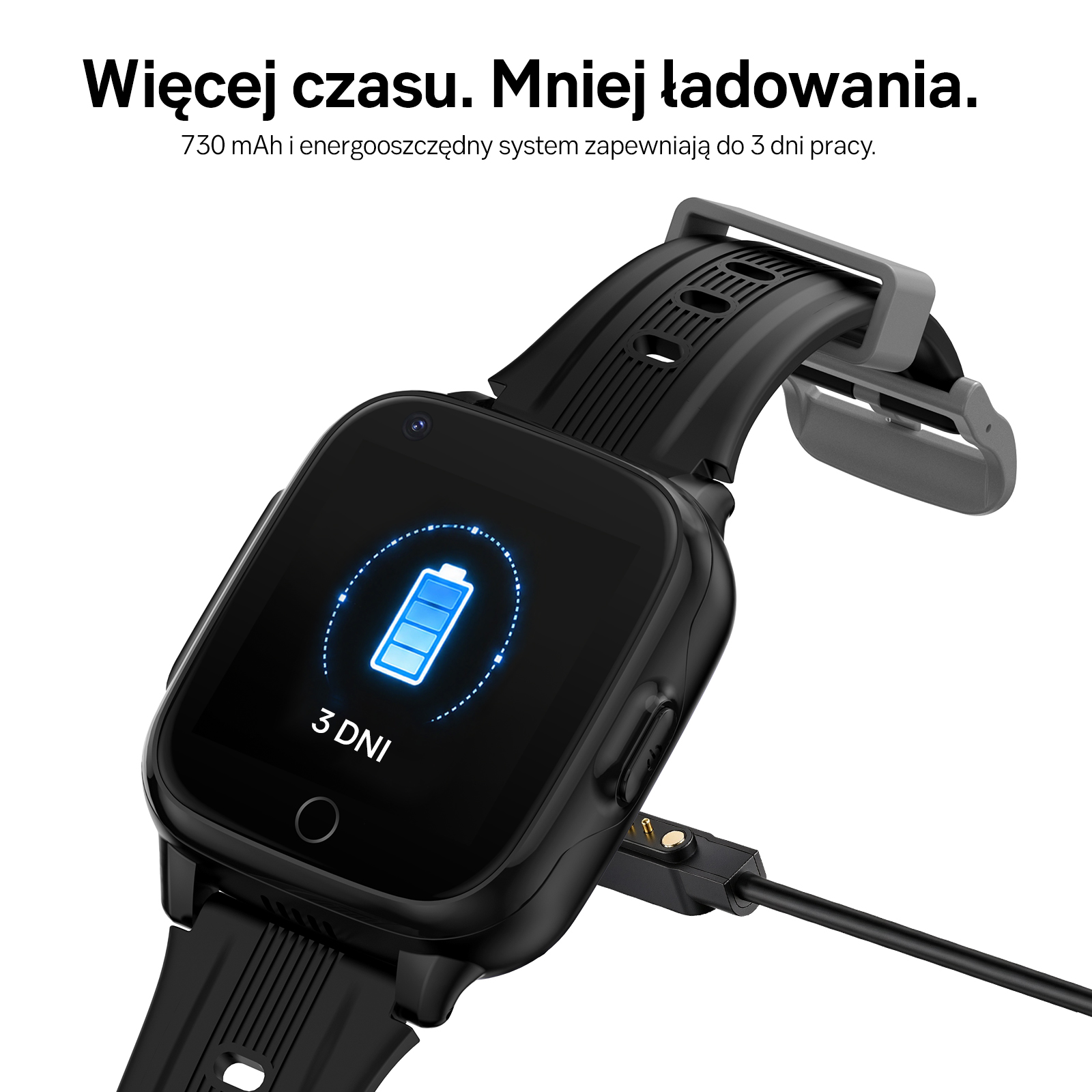 Czarny smartwatch z kablem ładującym i ikoną baterii.