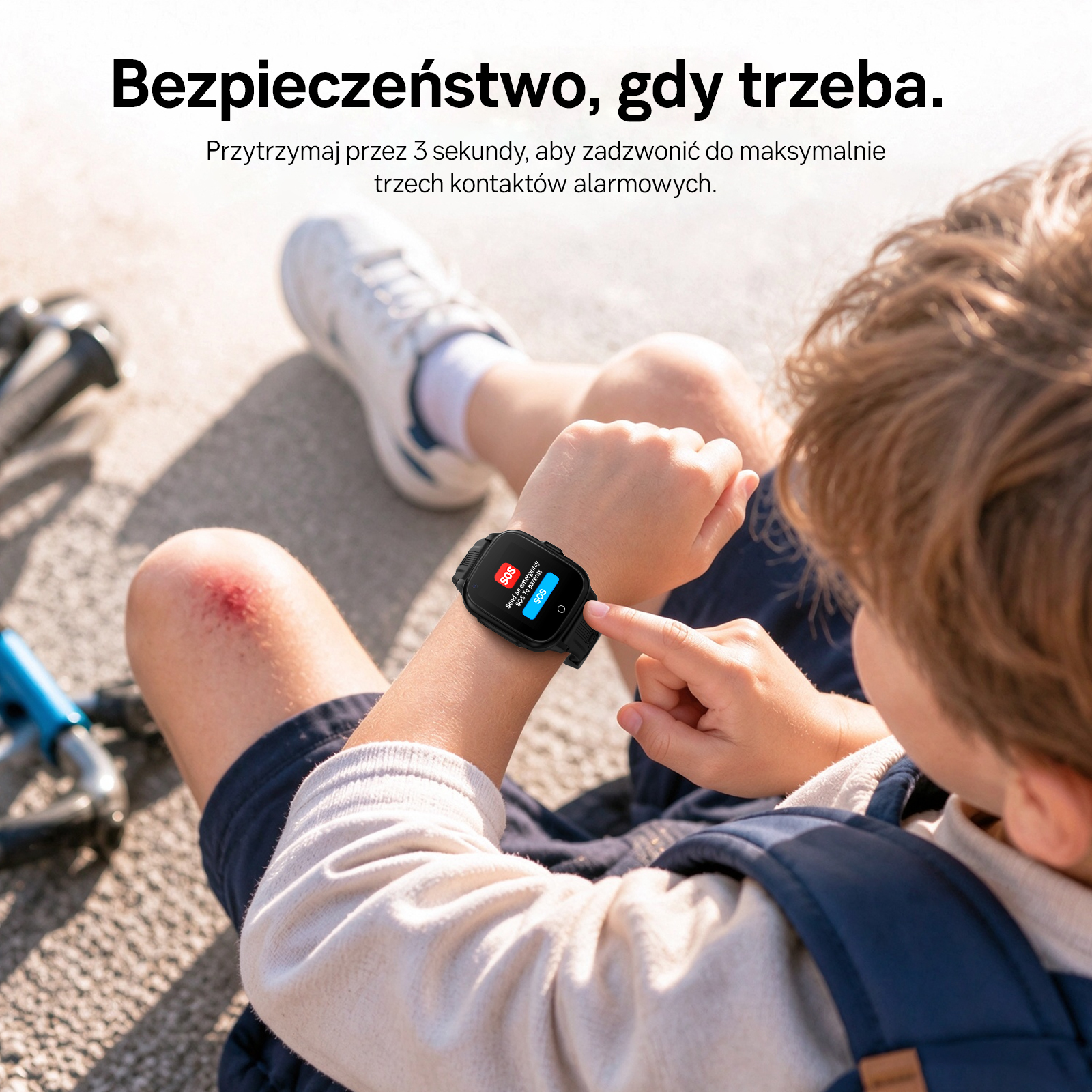 Dziecko ze zdartym kolanem naciska przycisk SOS na smartwatchu.