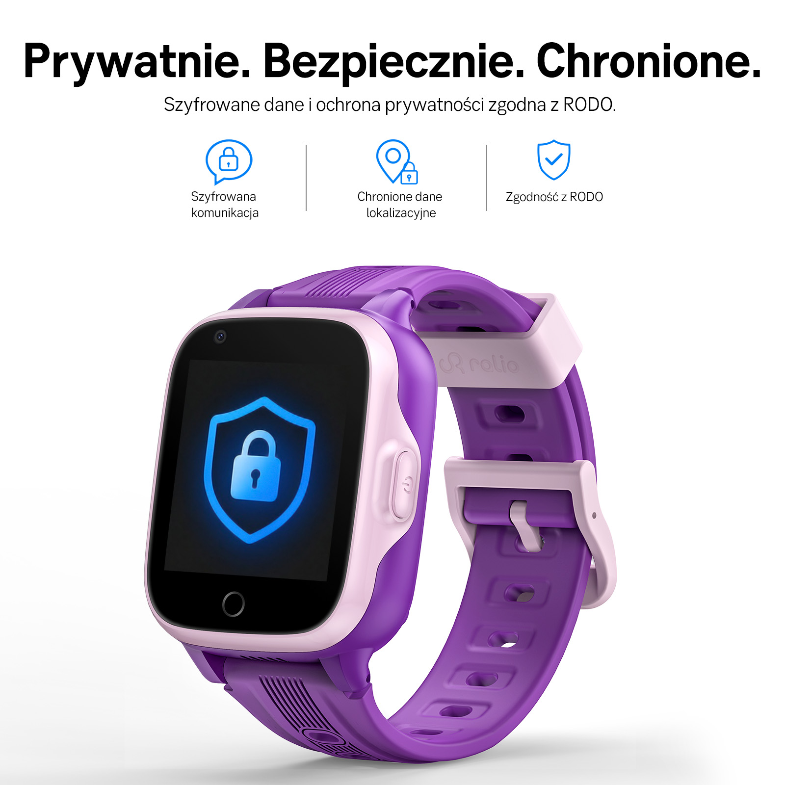 Fioletowo-różowy smartwatch dla dzieci z ikonami bezpieczeństwa.