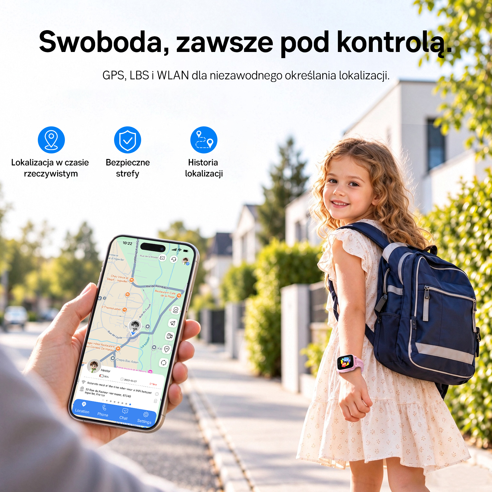 Smartfon pokazuje aplikację śledzącą, podczas gdy dziewczynka z plecakiem stoi na ulicy w tle.