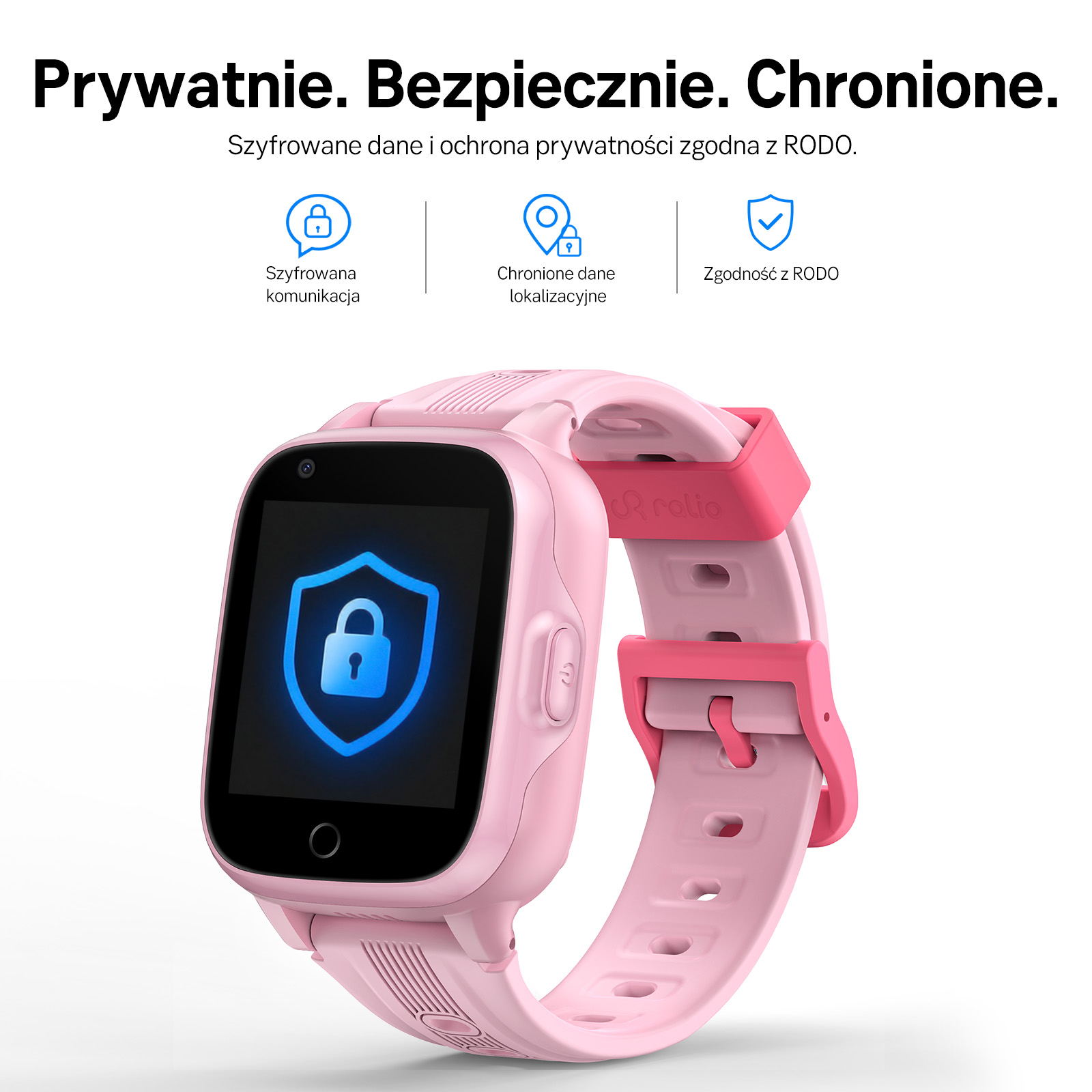 Różowy smartwatch dla dzieci z ikoną kłódki na ekranie i funkcjami prywatności u góry.