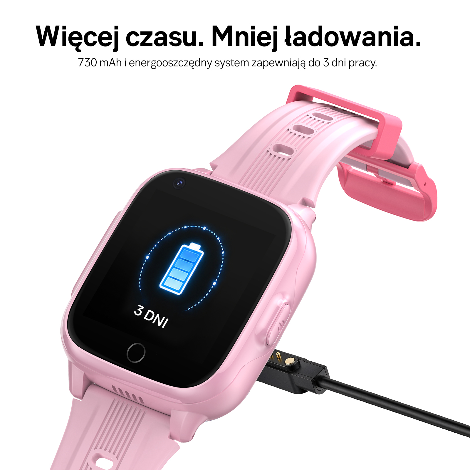 Różowy smartwatch z kablem ładującym i ikoną baterii na ekranie.