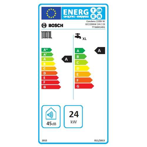 Isıtma ve sıcak su için Bosch AB enerji etiket, A+ sınıfı, 45 dB ses seviyesi ve 24 kW güç gösteriyor.