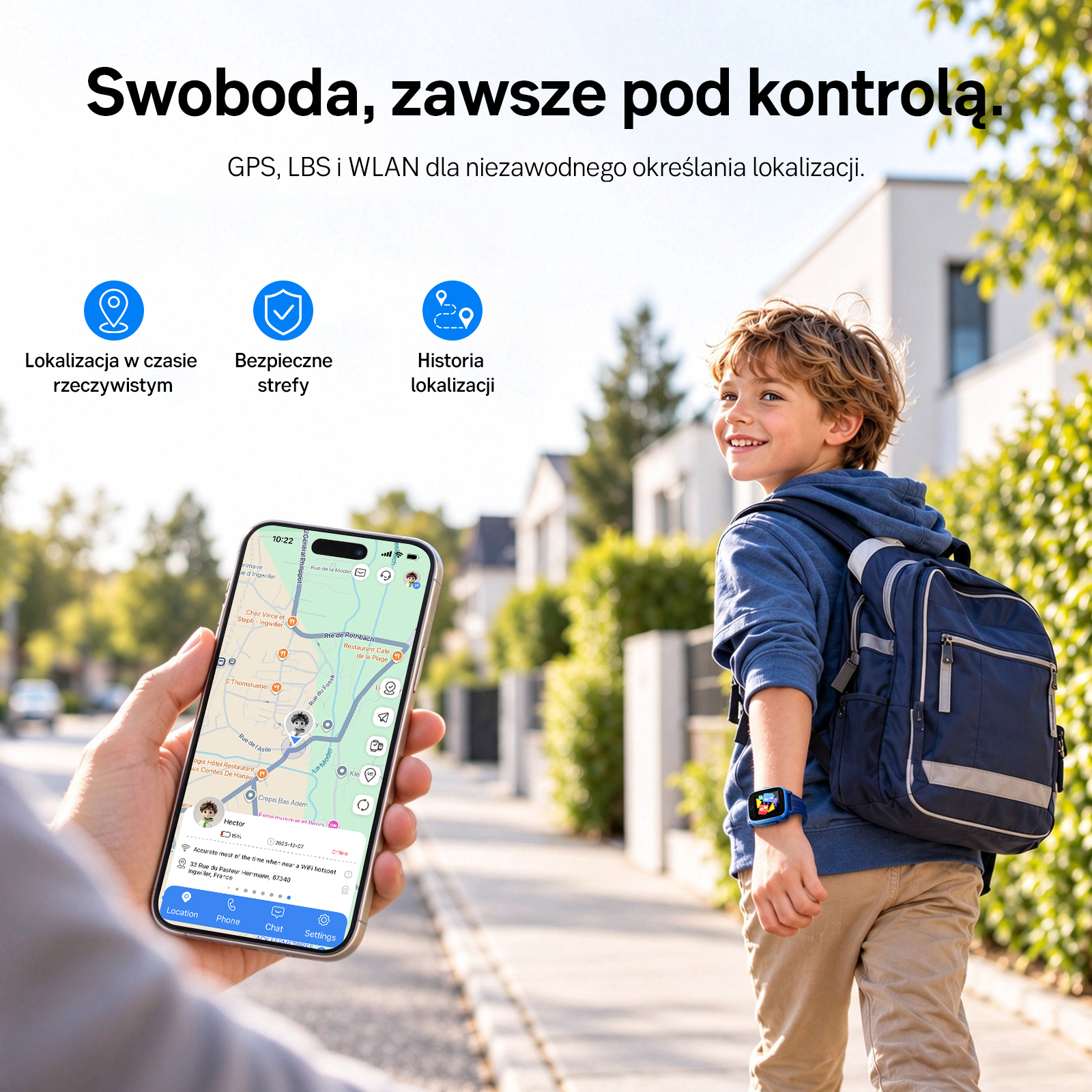 Smartfon pokazuje aplikację GPS, gdy chłopiec z plecakiem i smartwatchyiem idzie chodnikiem.