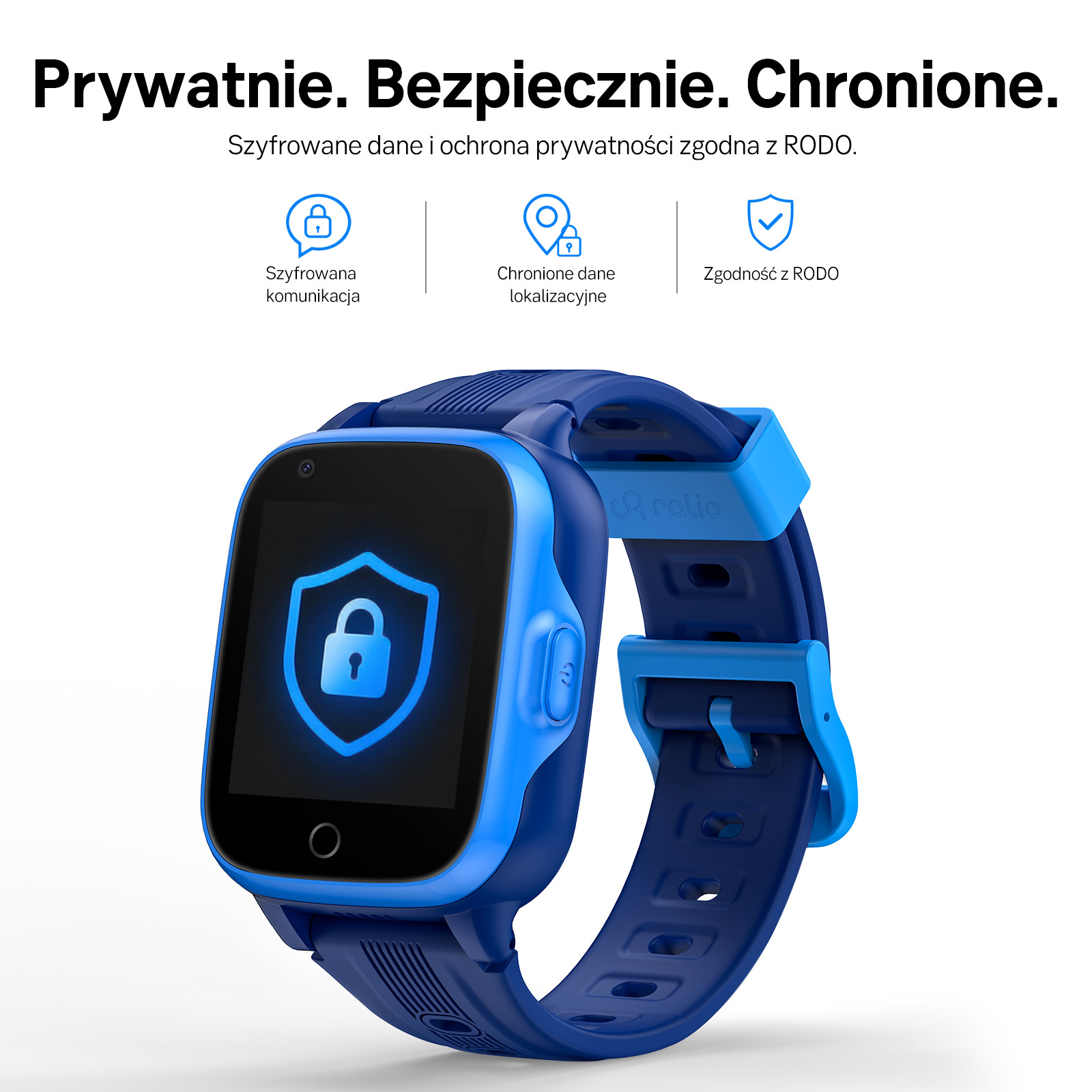 Niebieski smartwatch dla dzieci z ikonami bezpieczeństwa.