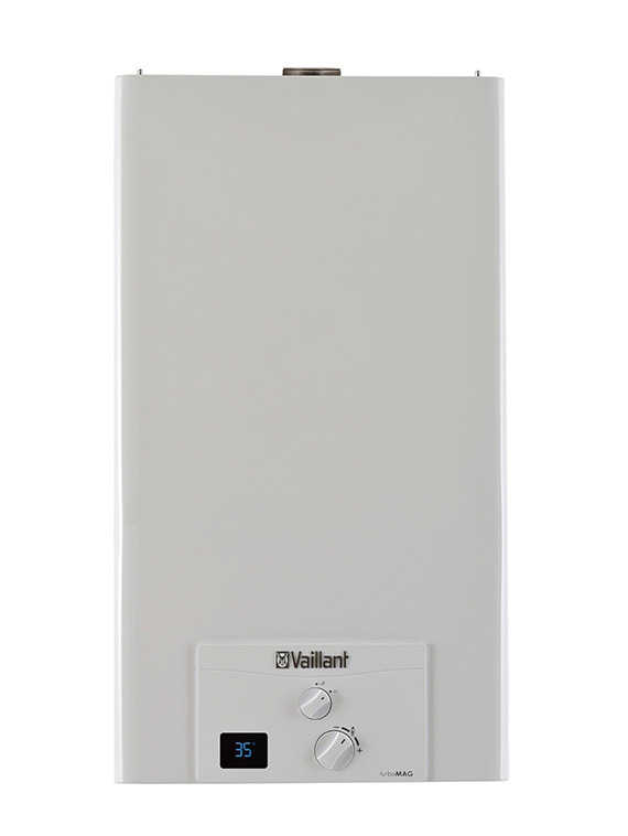 Alt kısımda dijital ekran ve kontrol düğmeleri olan beyaz bir Vaillant su ısıtıcısı.