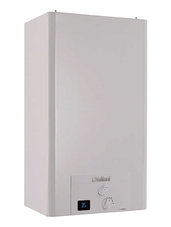 Açık arka plan üzerinde dijital ekranlı ve kontrol düğmeli beyaz bir Vaillant gaz kazanı.