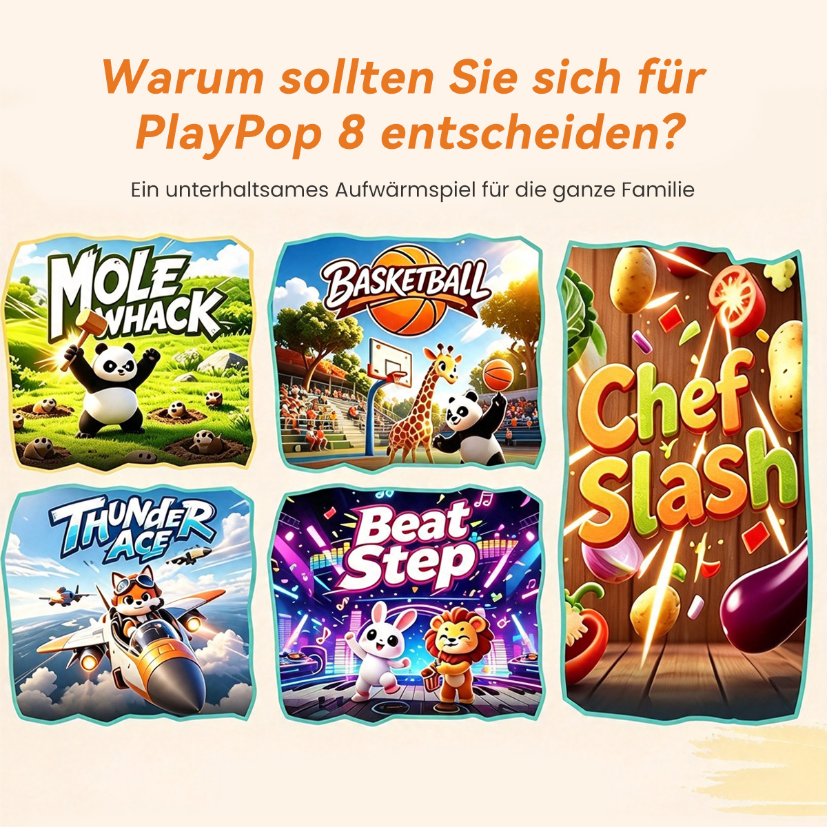 Obraz promocyjny PlayPop 8 z pięcioma kolorowymi grami dla dzieci, takimi jak Mole Whack, Basketball i Chef Slash.