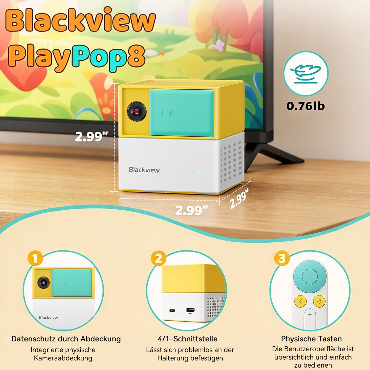 Żółto-biały projektor Blackview PlayPop8 z wymiarami, wagą, osłoną obiektywu, portami i pilotem.