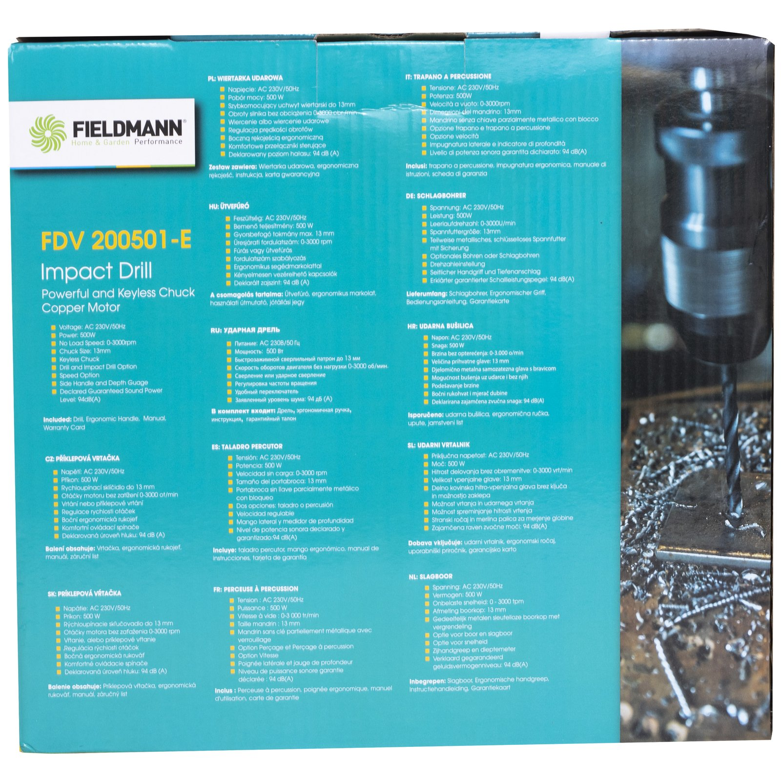 Confezione blu di un trapano a percussione Fieldmann con specifiche tecniche.
