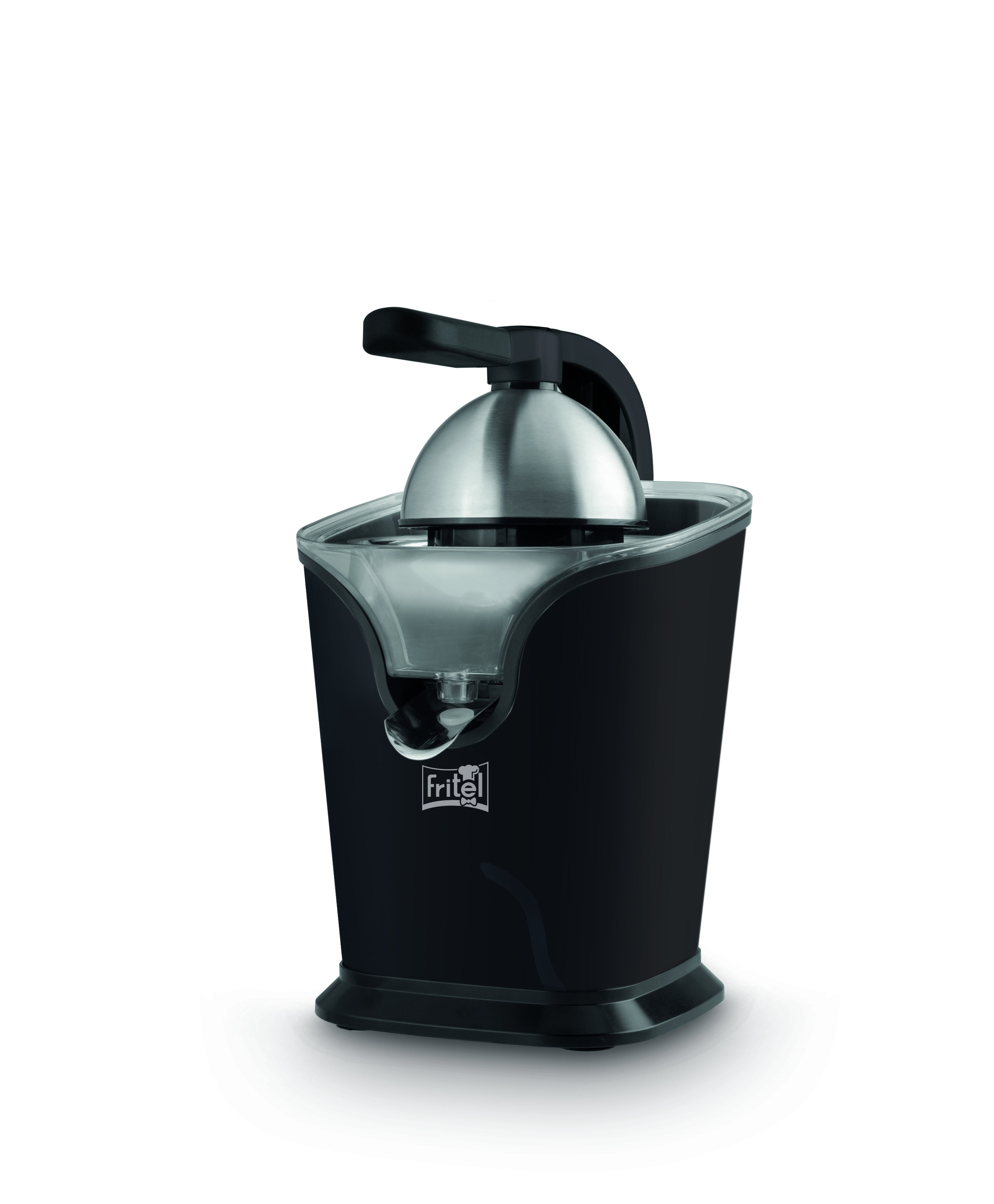 Presse-agrumes Fritel noir avec couvercle en inox et bras de levier sur fond blanc.