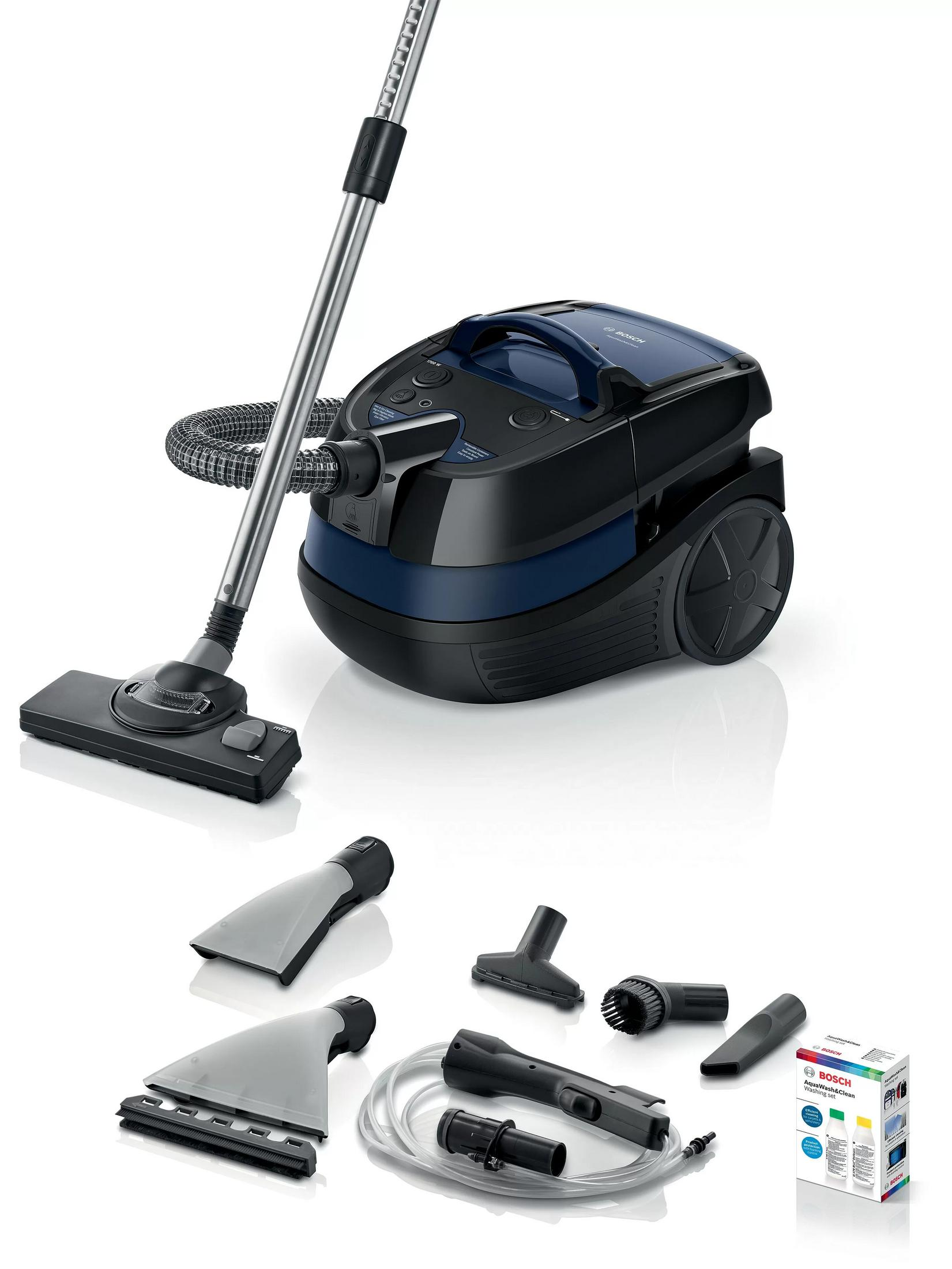 Un aspirapolvere blu con vari accessori su sfondo bianco.