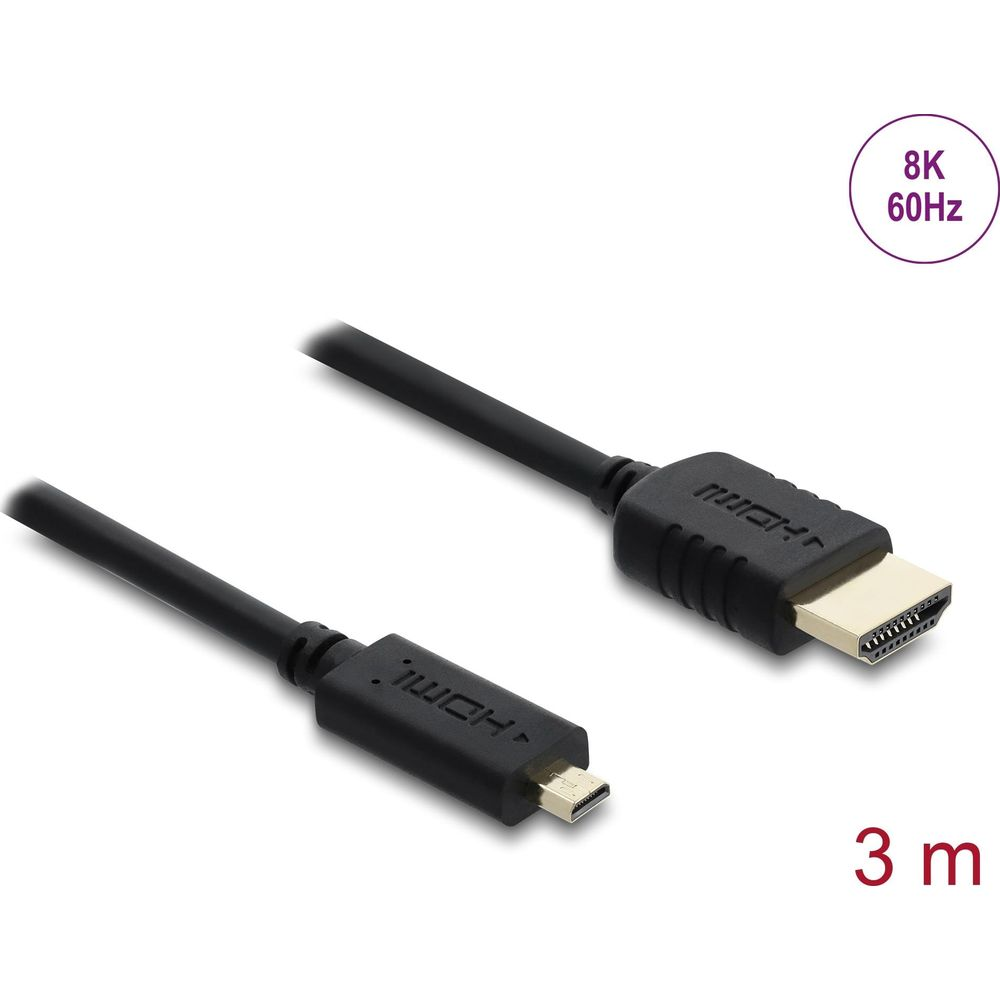 Schwarzes 3m HDMI-Kabel mit 8K 60Hz Unterstuetzung, das Standard- und Mikro-HDMI-Anschluesse zeigt.