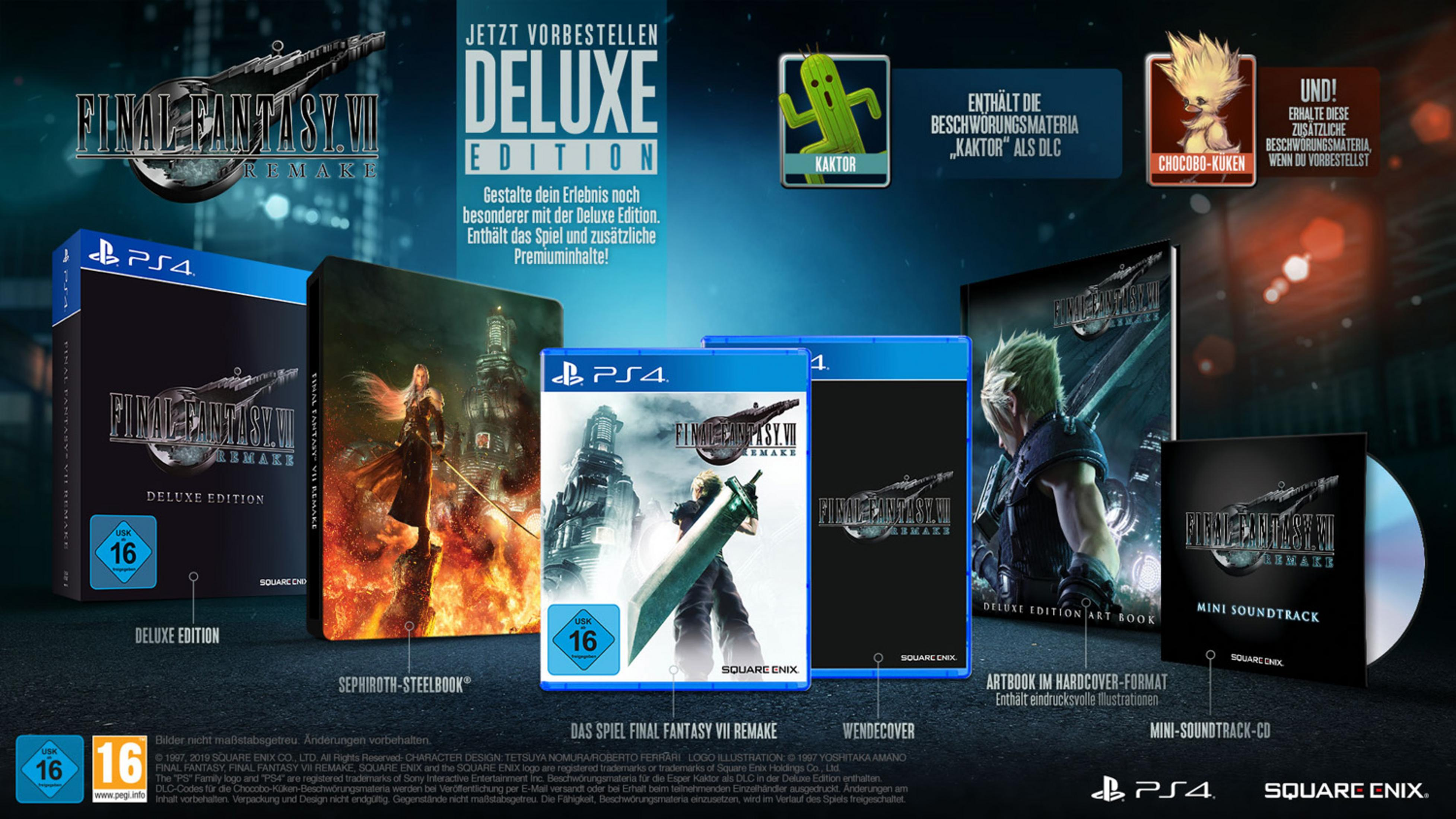 Final Fantasy VII Remake Deluxe Edition mit Spiel, Steelbook, Artbook, Mini-Soundtrack und DLCs.