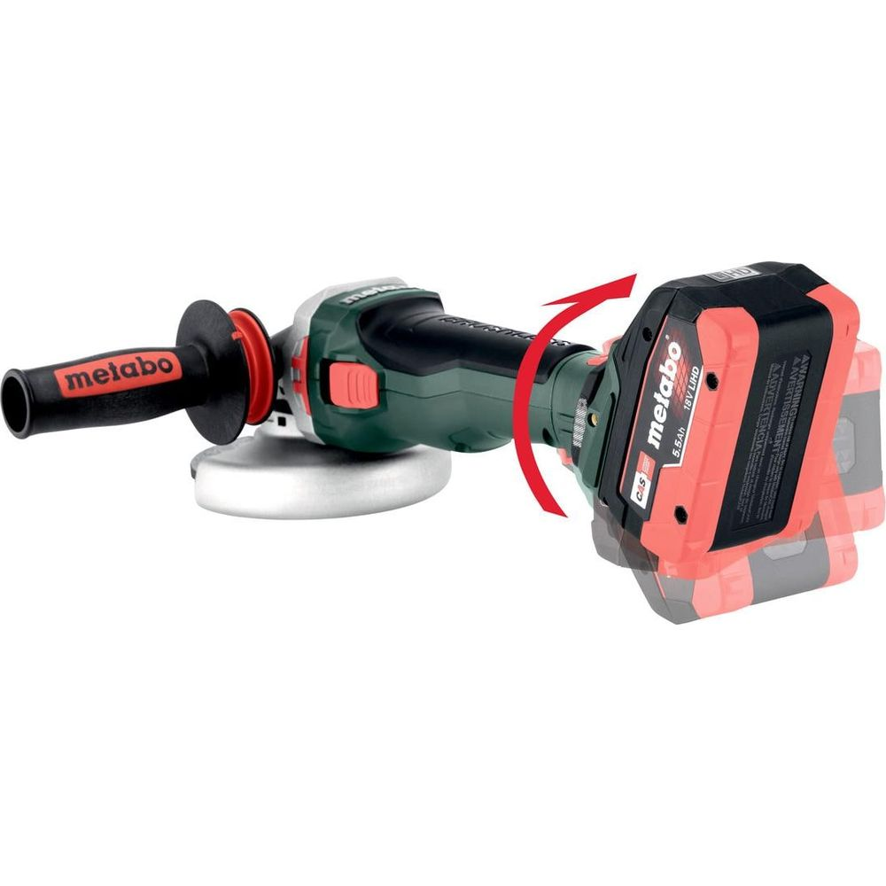 Ein Metabo Akku-Winkelschleifer mit drehbarem rotem Akku auf weißem Hintergrund.