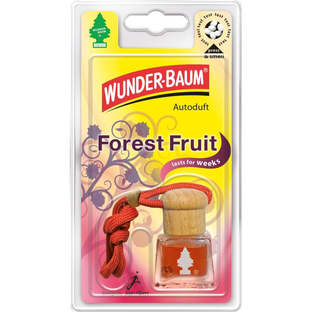 Deodorante per auto Wunder-Baum Forest Fruit in confezione con tappo in legno e cordino.