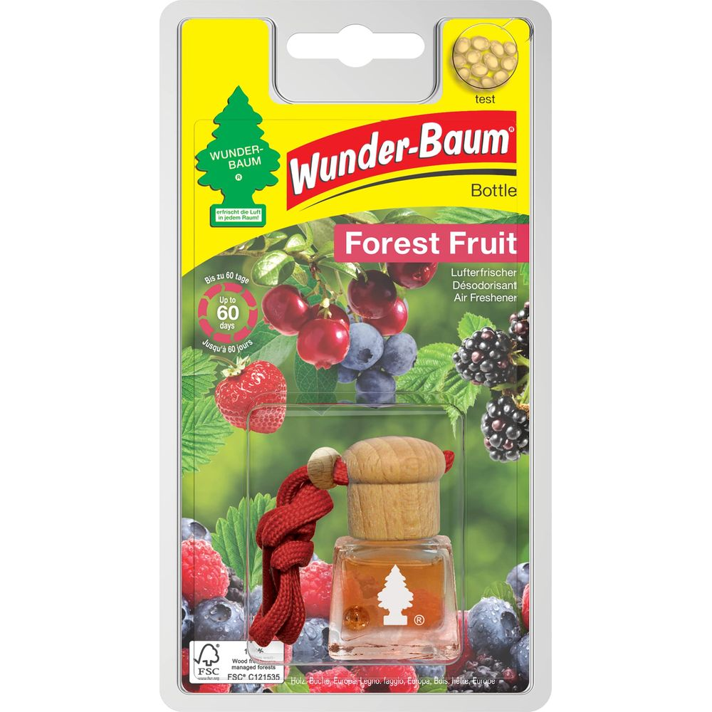 Deodorante per auto Wunder-Baum Bottiglia Frutti di Bosco nella confezione.