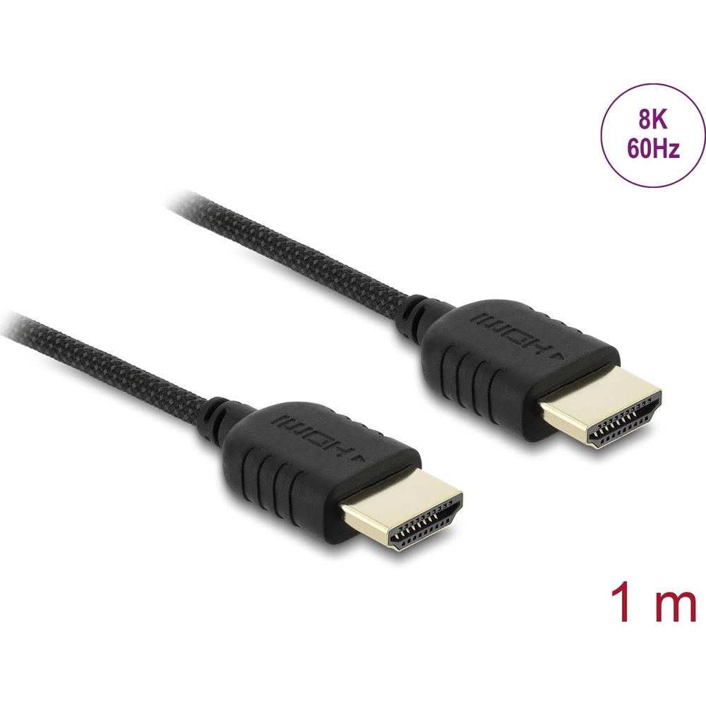 Ein schwarzes geflochtenes HDMI-Kabel mit goldenen Anschlüssen, 1m lang, unterstützt 8K bei 60Hz.