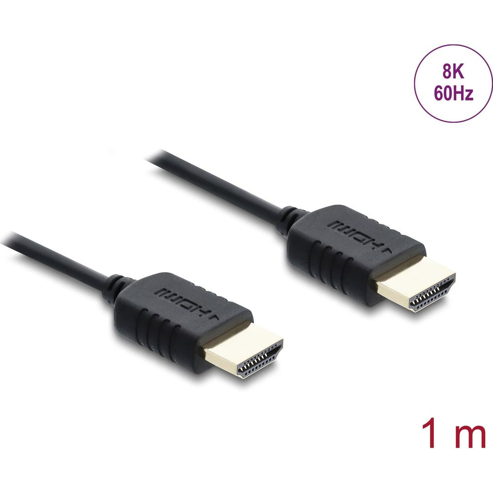 Zwei schwarze HDMI-Kabel mit vergoldeten Anschlüssen auf weißem Grund, beschriftet mit 8K 60Hz und 1m.