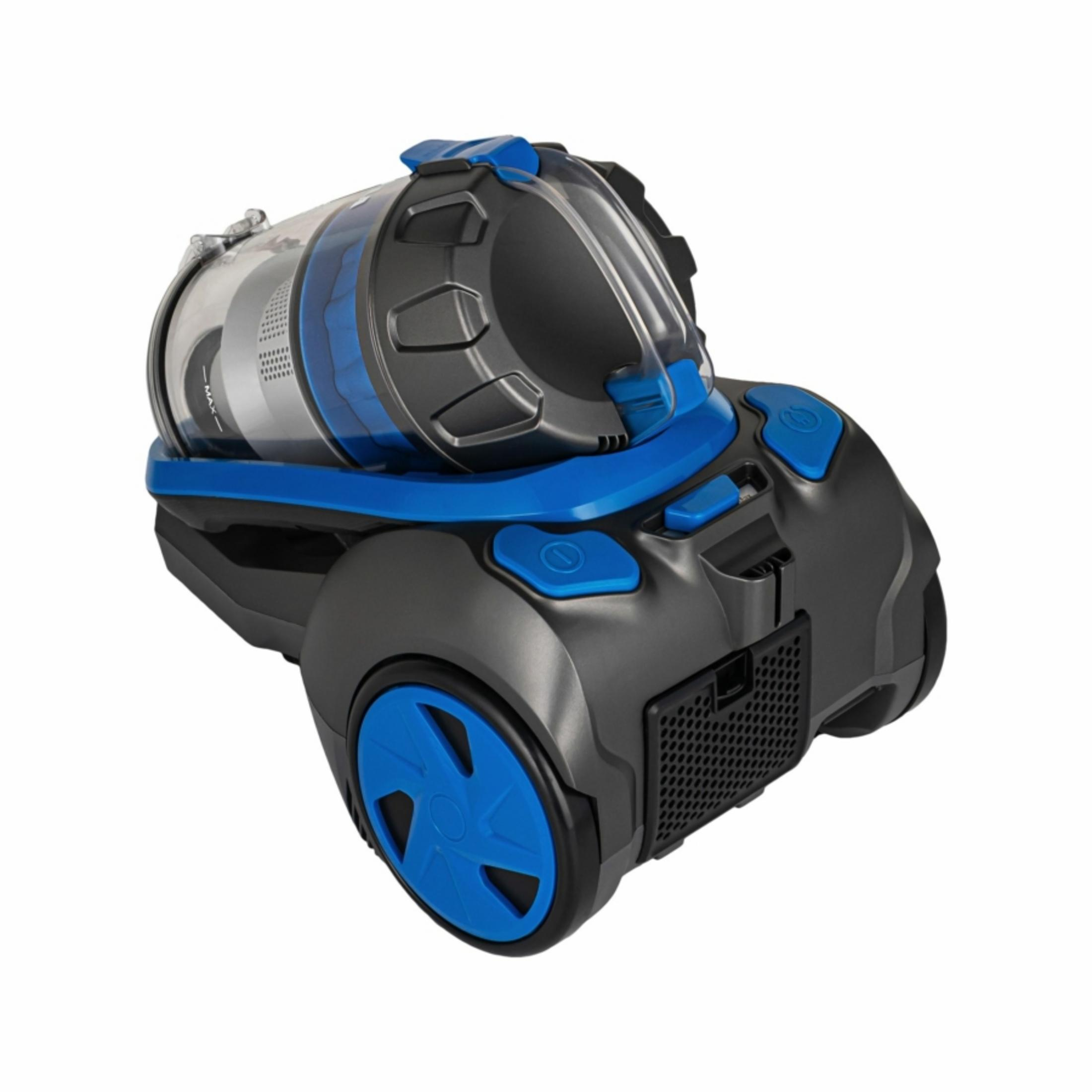 Aspirapolvere senza sacco blu e nero su sfondo bianco.