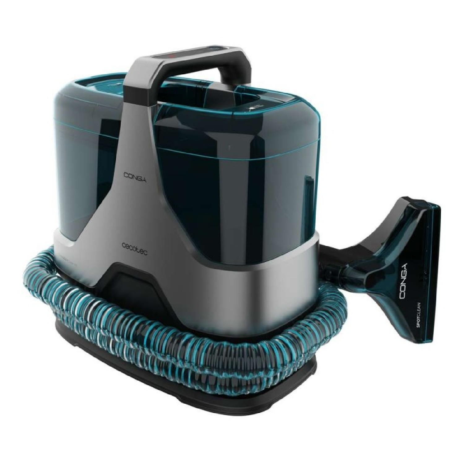 Pulitore per tappeti portatile argento e verde scuro con tubo a spirale e ugello su sfondo bianco.