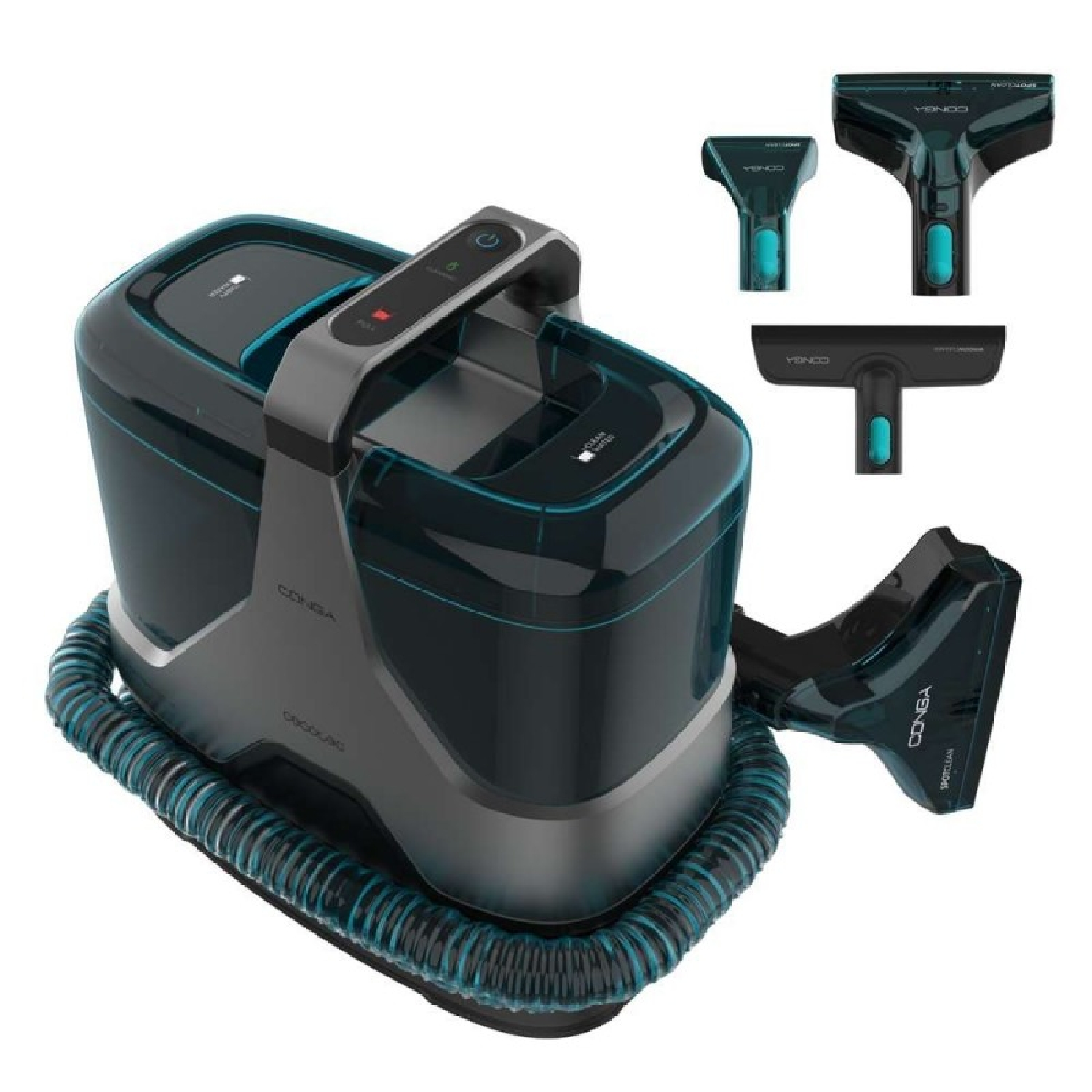Pulitore per tappezzeria grigio con serbatoio dell'acqua nero, tubo e tre diversi accessori su sfondo bianco.
