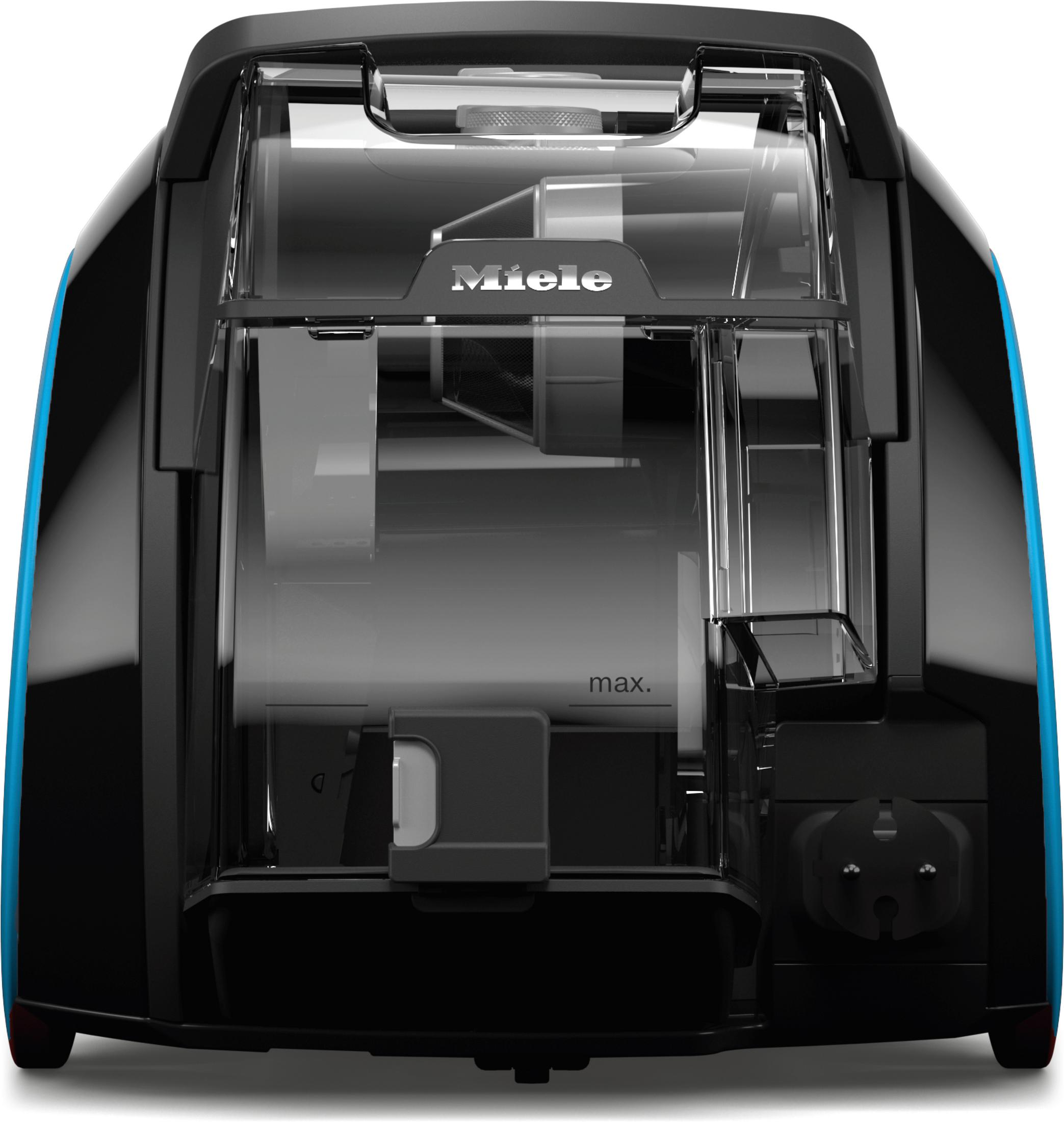Aspirapolvere Miele nero con contenitore della polvere trasparente, dettagli blu e design moderno.