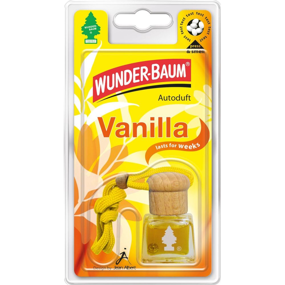 Deodorante per auto Wunder-Baum Vaniglia in confezione con tappo di legno.