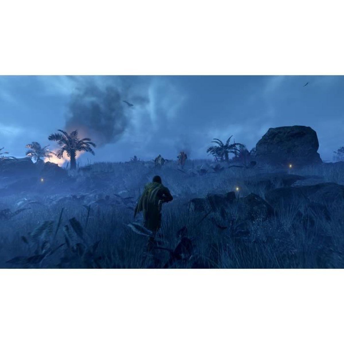 Une silhouette armée d'une cape verte marche dans un paysage brumeux avec des palmiers et un feu fumant la nuit.