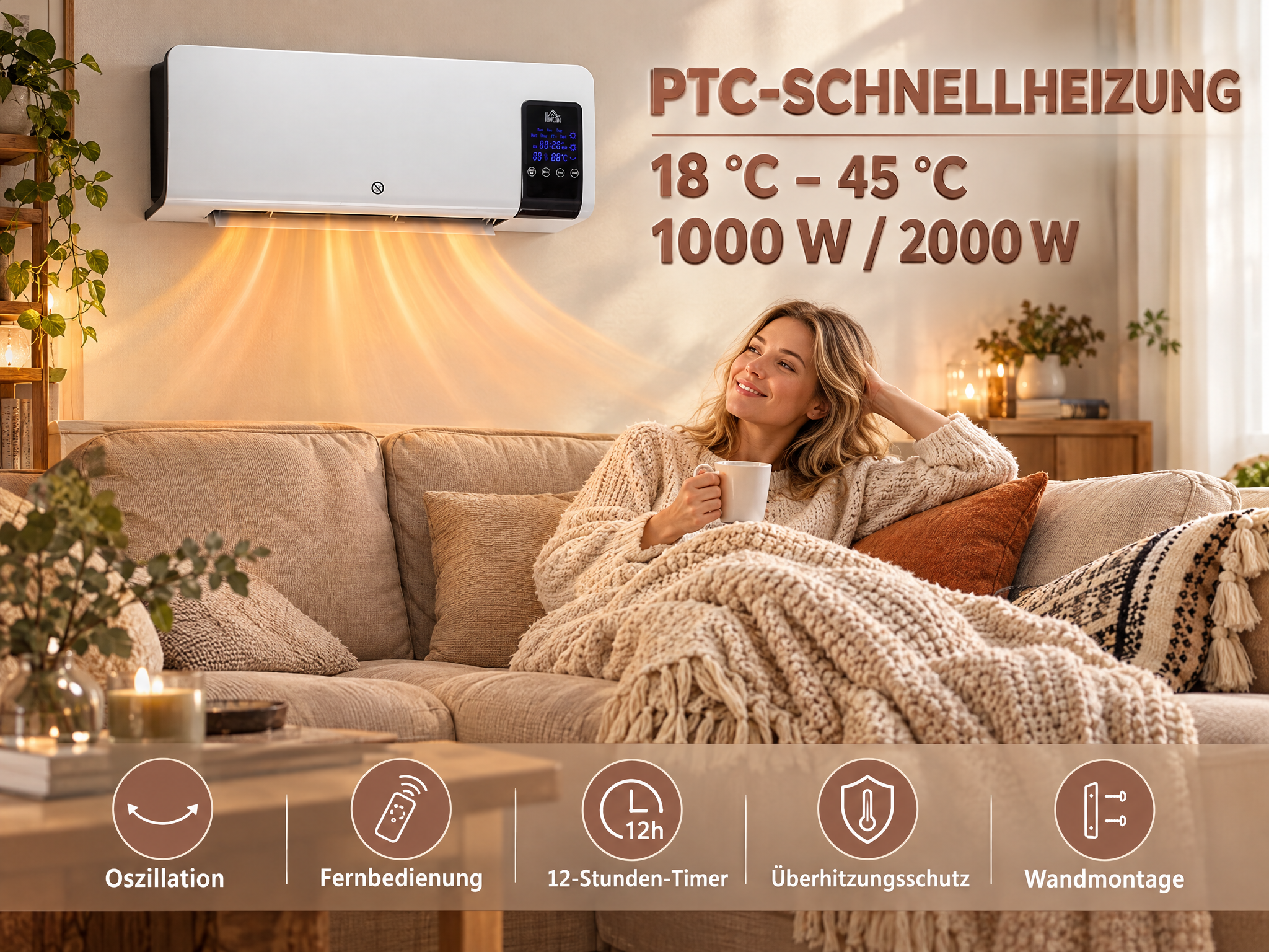 Eine Frau sitzt gemütlich auf dem Sofa, während ein Wandheizlüfter warme Luft ausströmt.