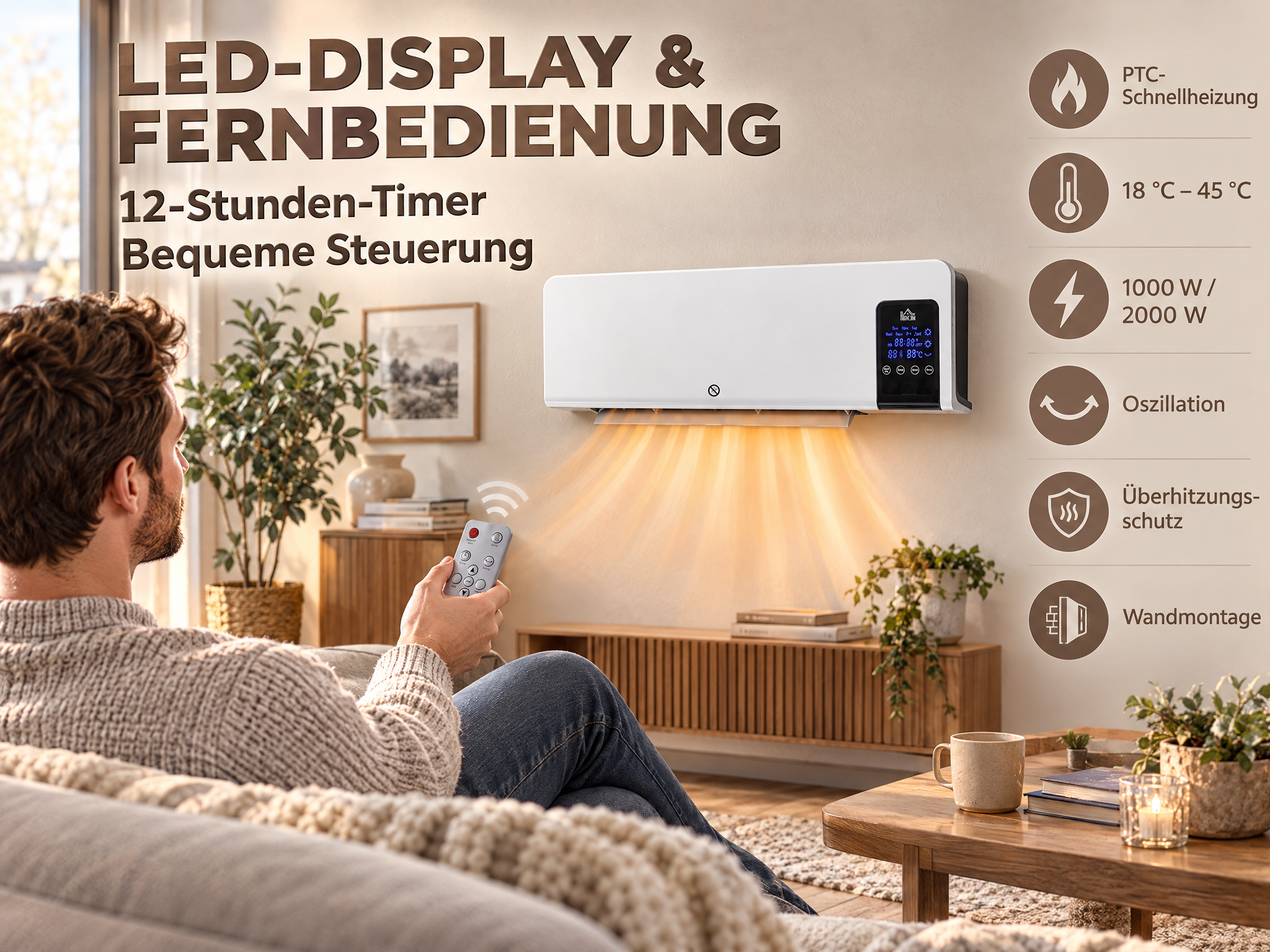 Ein Mann steuert einen Wandheizlüfter mit LED-Anzeige über eine Fernbedienung im Wohnzimmer.